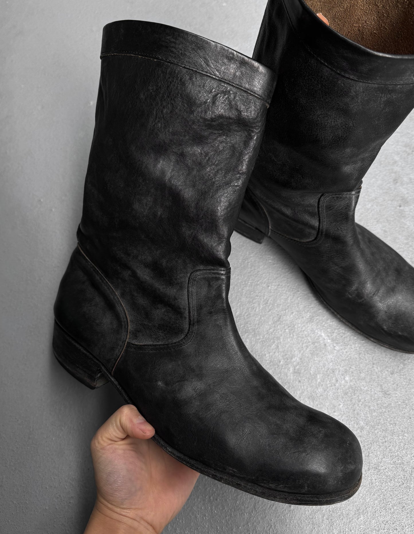 ATTACHMENT by Kazuyuki Kumagai Early 00s Charcoal Grey Calfskin Leather Back-zip Boots