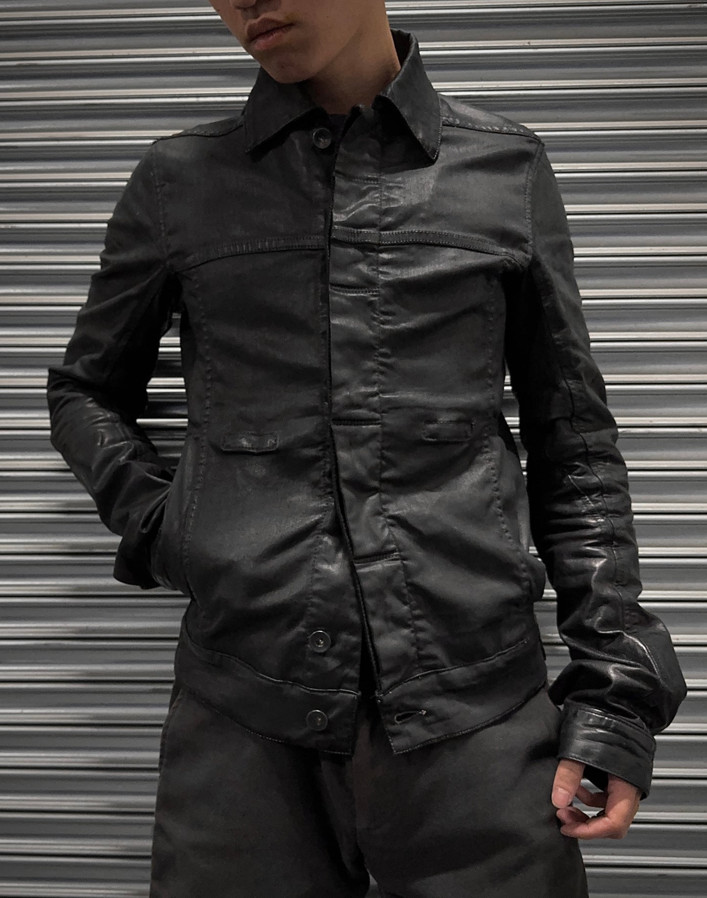 Rick Owens DRKSHDW SS12 “NASKA” Leather Sleeve Waxed Worker Jacket