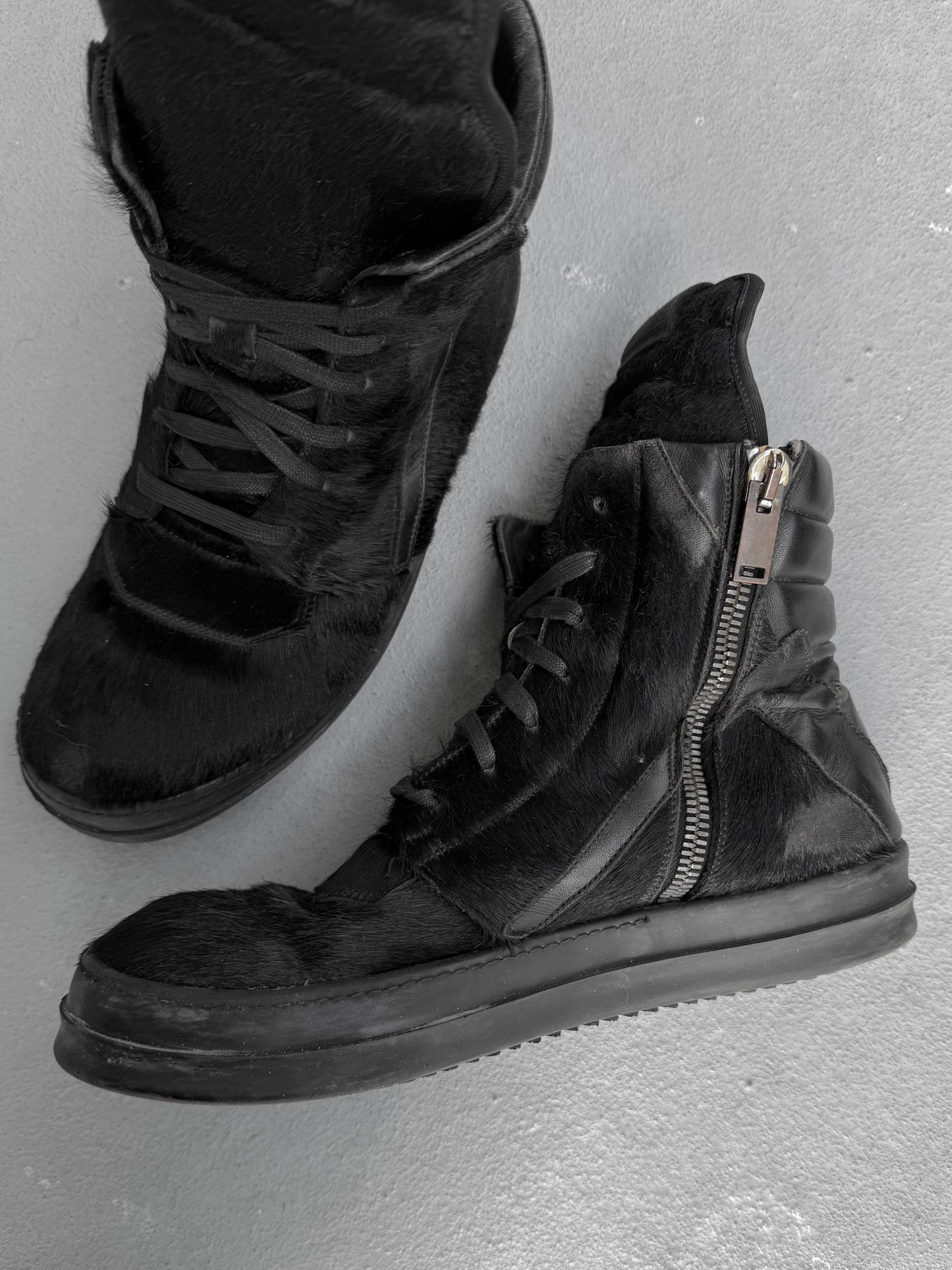 Rick Owens AW13 "PLINTH" Black Pony Hair Leather Geobasket Sneakers