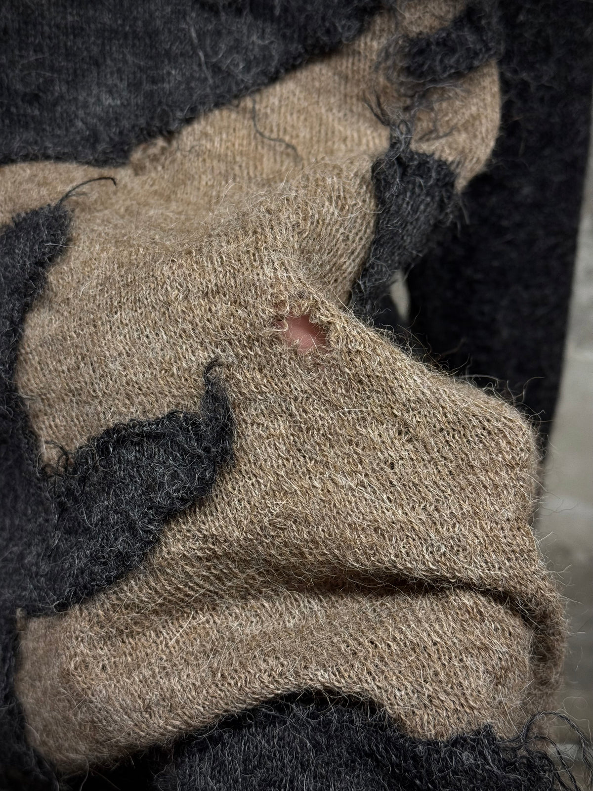 Yohji Yamamoto POUR HOMME AW04 'Burnt' Distressed Alpaca Knit Sweater detail | DRIEW GARMENTS
