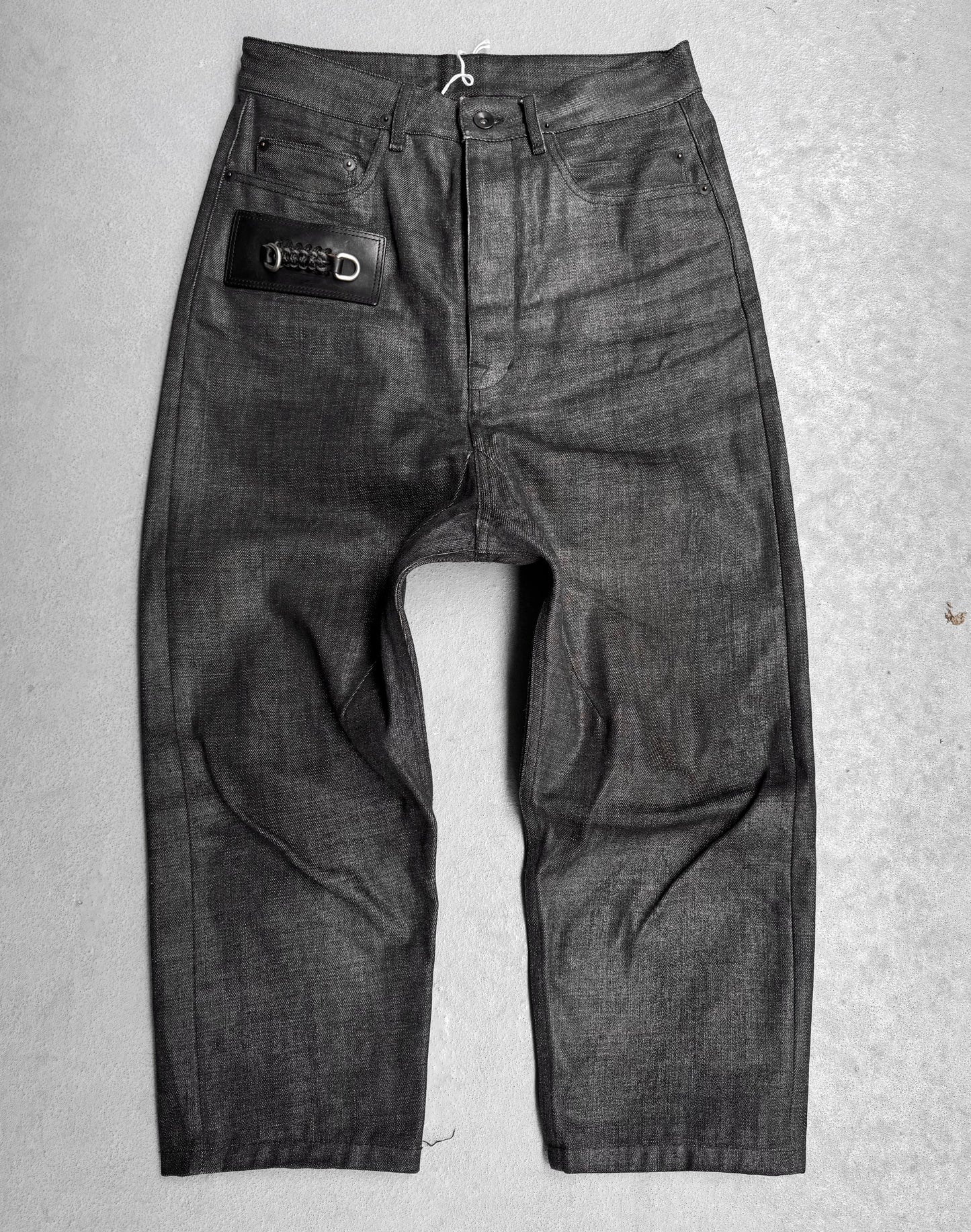 Rick Owens AW17 “GLITTER” Waxed D-Ring Leather Patch Raw Denim Capris