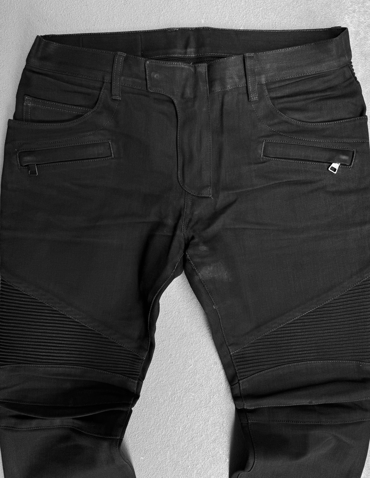 BALMAIN by Olivier Rousteing AW14 Light-waxed Black Biker Denim
