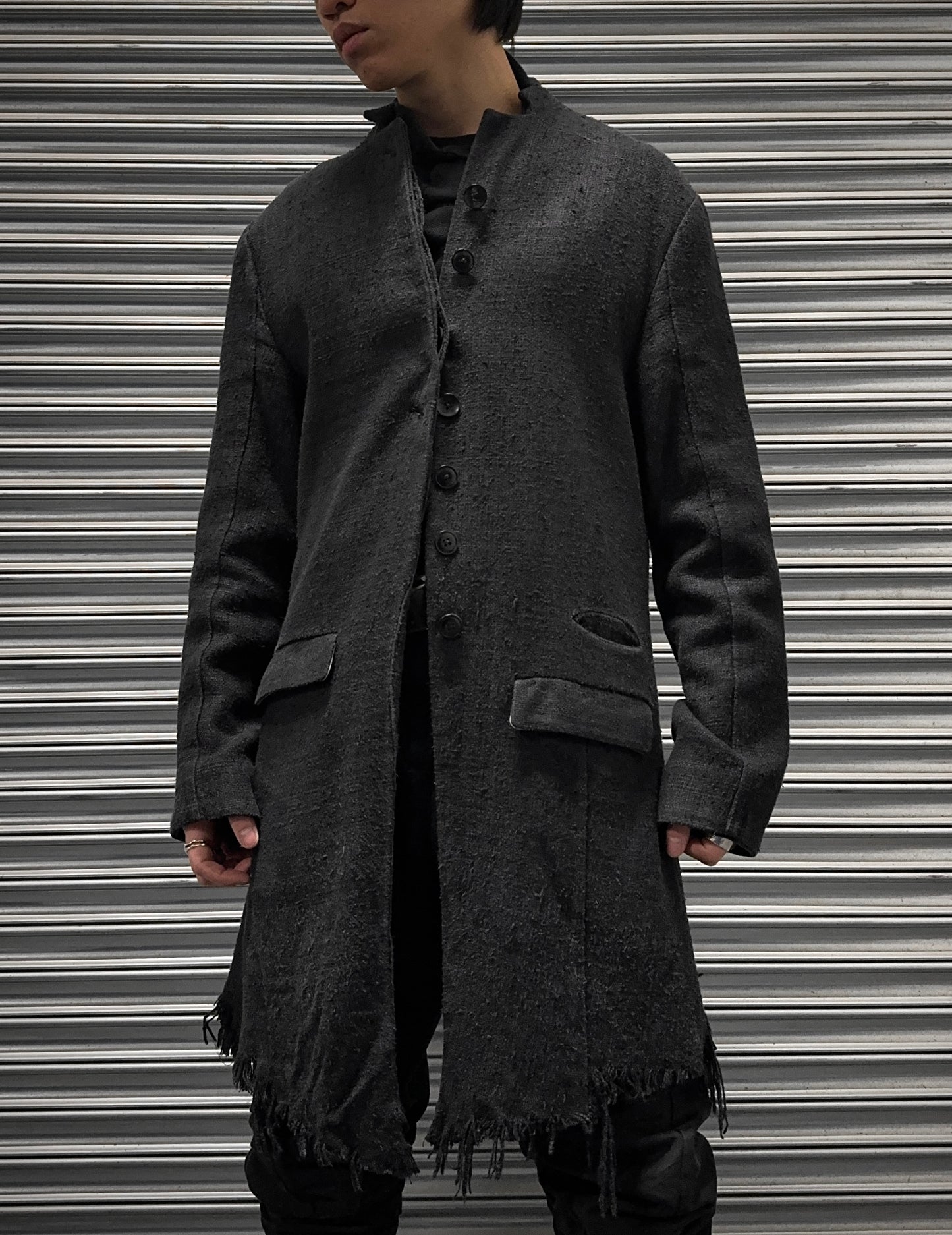 Aleksandr Manamïs Charcoal Grey Raw Silk Frayed Hem Coat