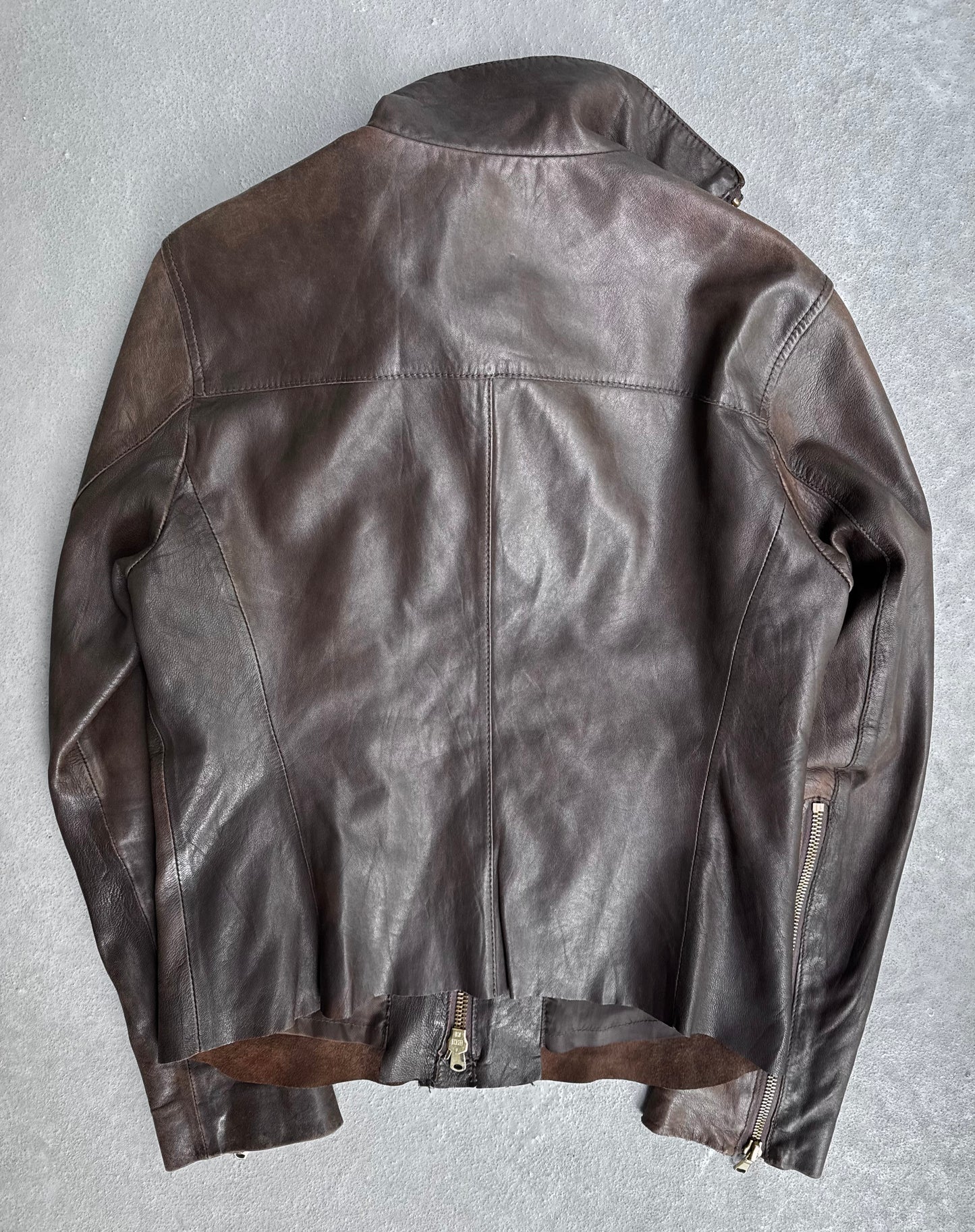 L.H.P Early 00s Brown Sheepskin Asymmetrical Fencing Leather Jacket