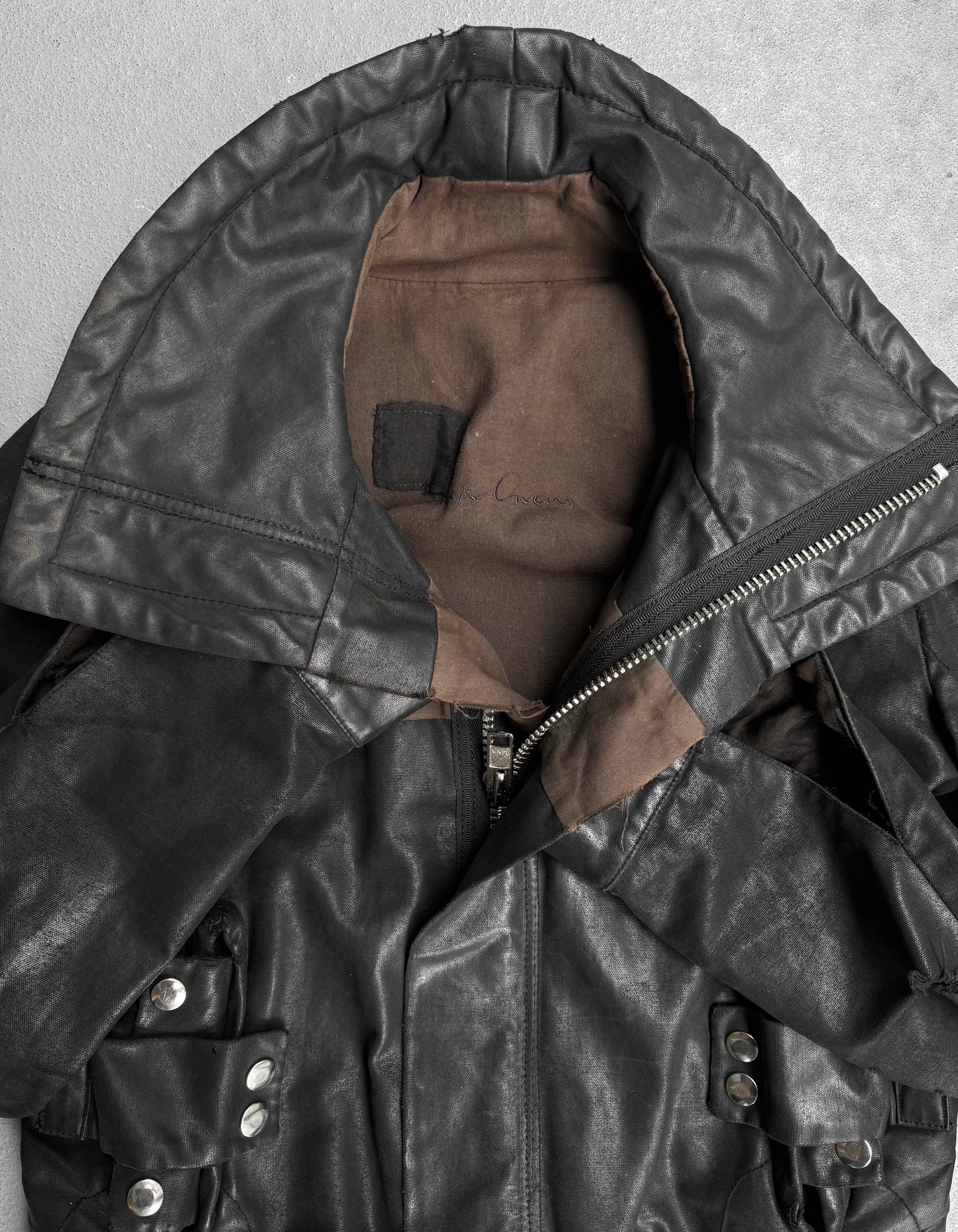 Rick Owens AW03 “PILL” Waxed Funnel Neck Rider Jacket