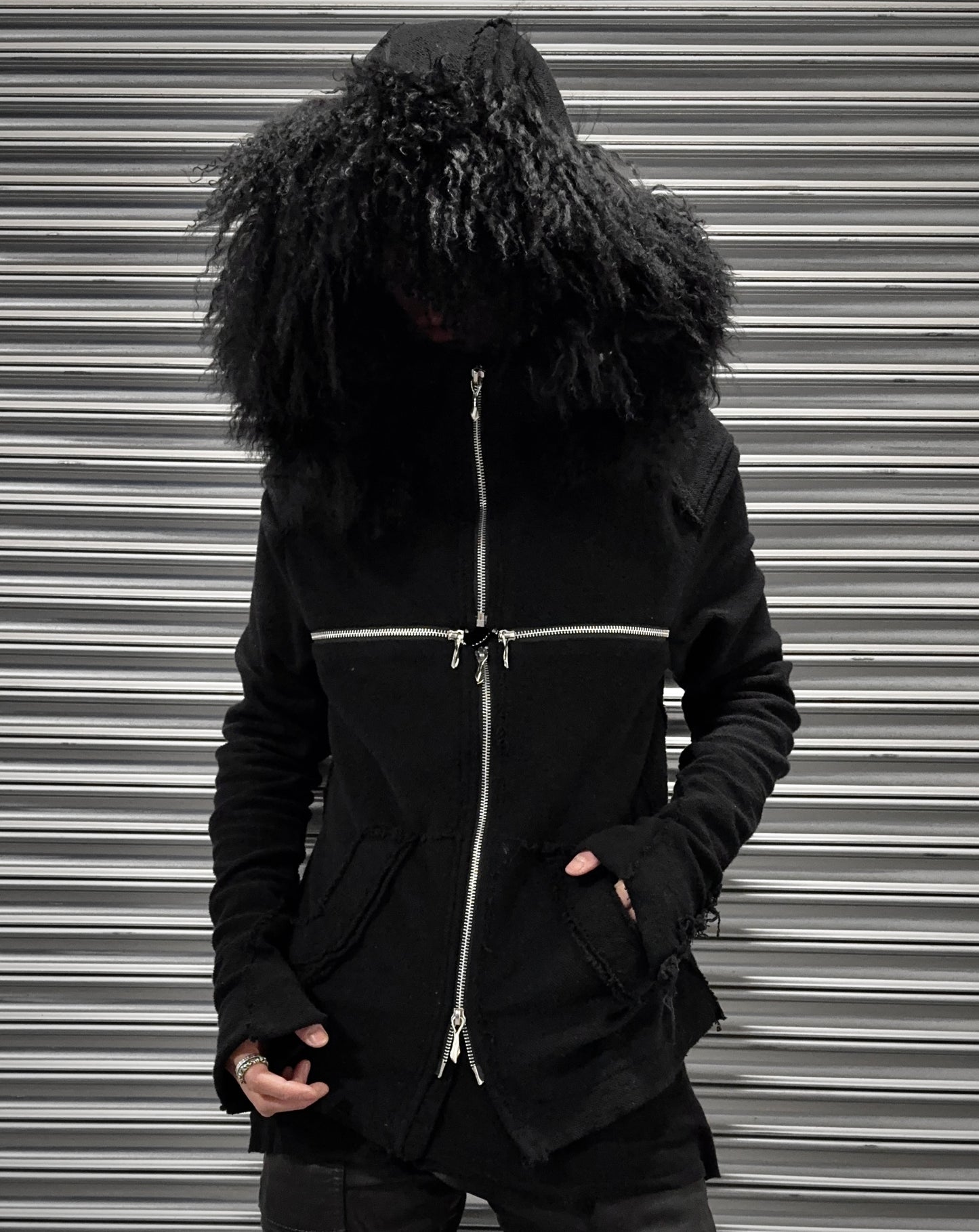 14thAddiction Black Fur Custom French Terry Cross-zip Hoodie
