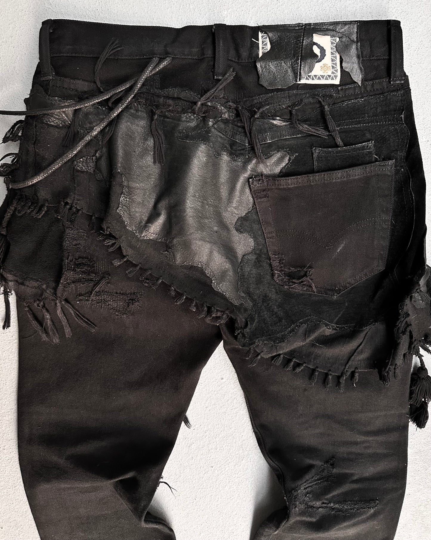 DenimDealer Reconstructed Repaired Boro Leather Patchwork ‘Ethnic’ Bootcut Pants