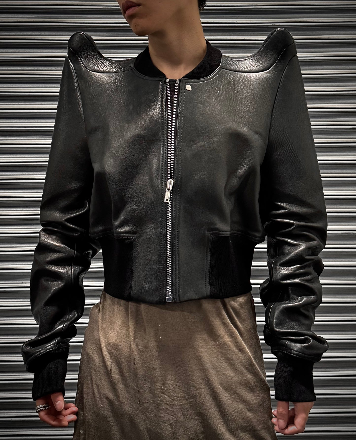 Rick Owens SS23 “EDFU” Tec Shoulder Lambskin Leather Bomber Jacket