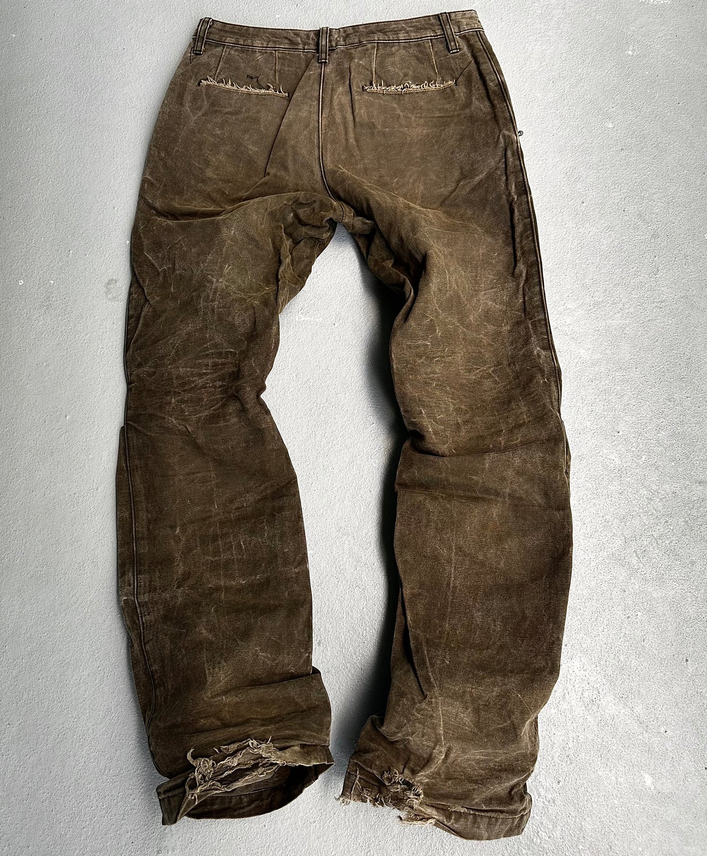 RipVanWinkle Early 00s ‘Front-zip’ Distressed Wax Bootcut Denim