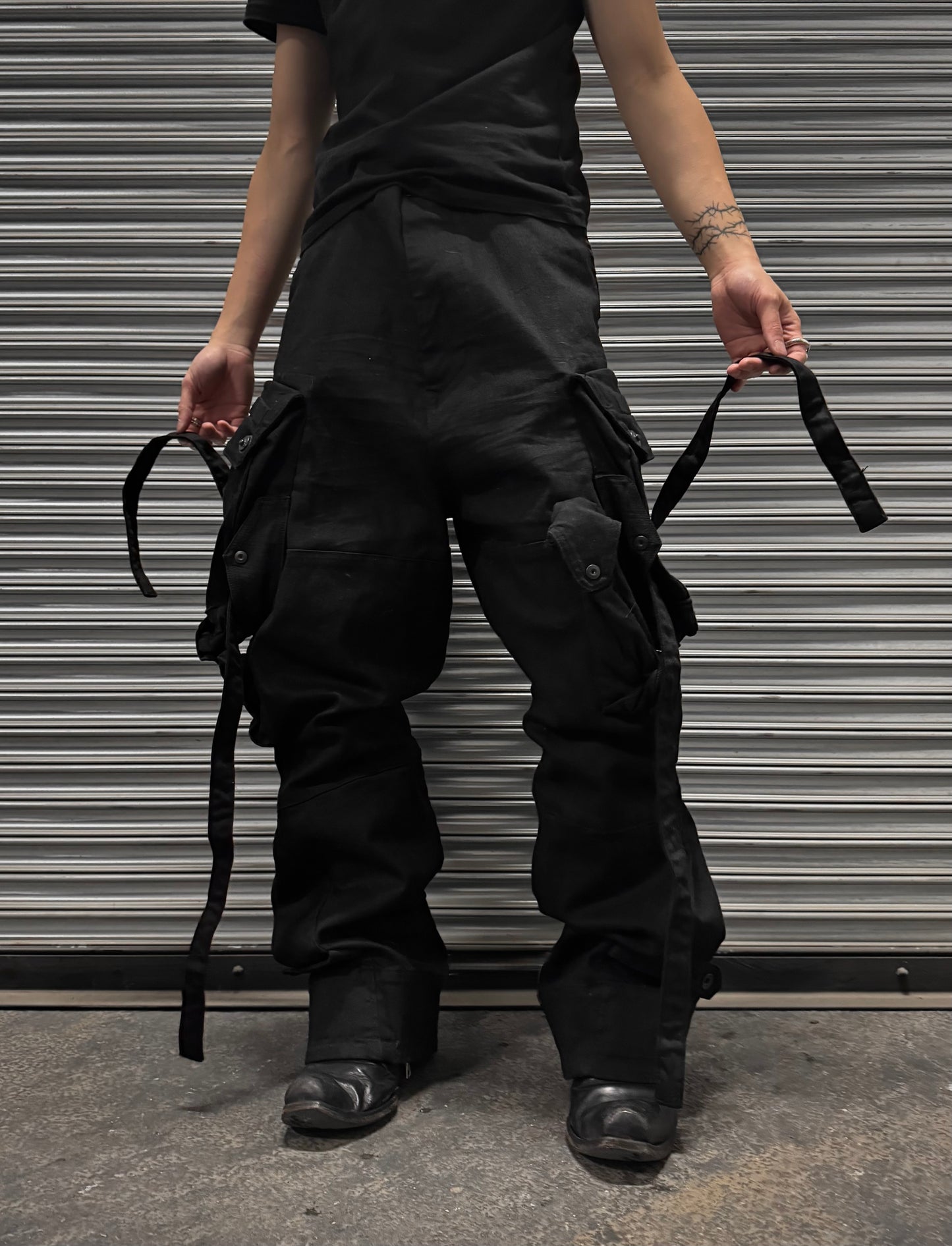 Julius_7 AW21-22 “Resilience;” 10.5 oz Stretch Denim Shapeshifting Gas-Mask Cargo Pants