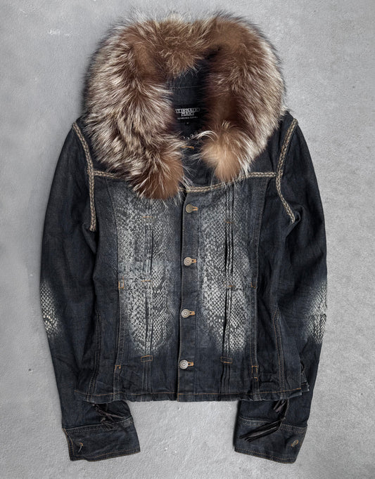 Tornado Mart Early 00s Fur Collar Python-Print Trucker Denim Jacket