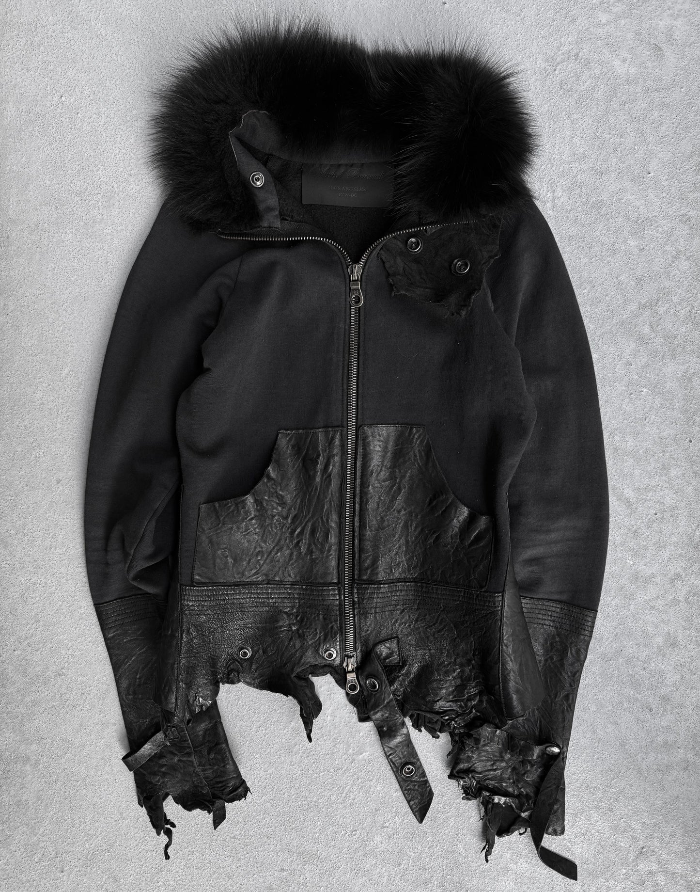 Michel Berandi AW06 Fox Fur Trimmed Lambskin Leather Navy Hybrid Zip-up Hoodie