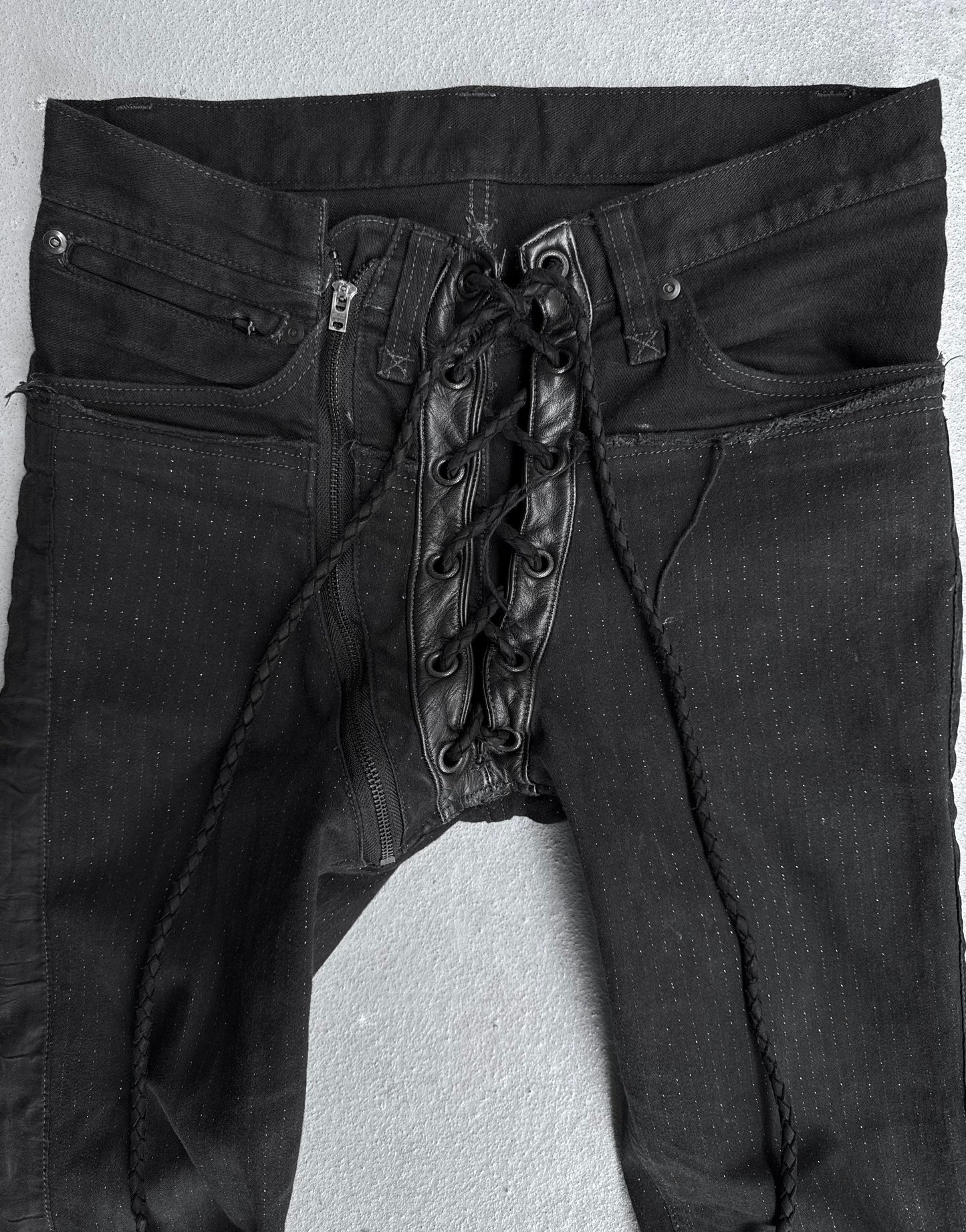 IfSixWasNine Early 00s ‘NO. SERA/ LU/ SBCM’ Pinstripes Lace-up Skinny Denim