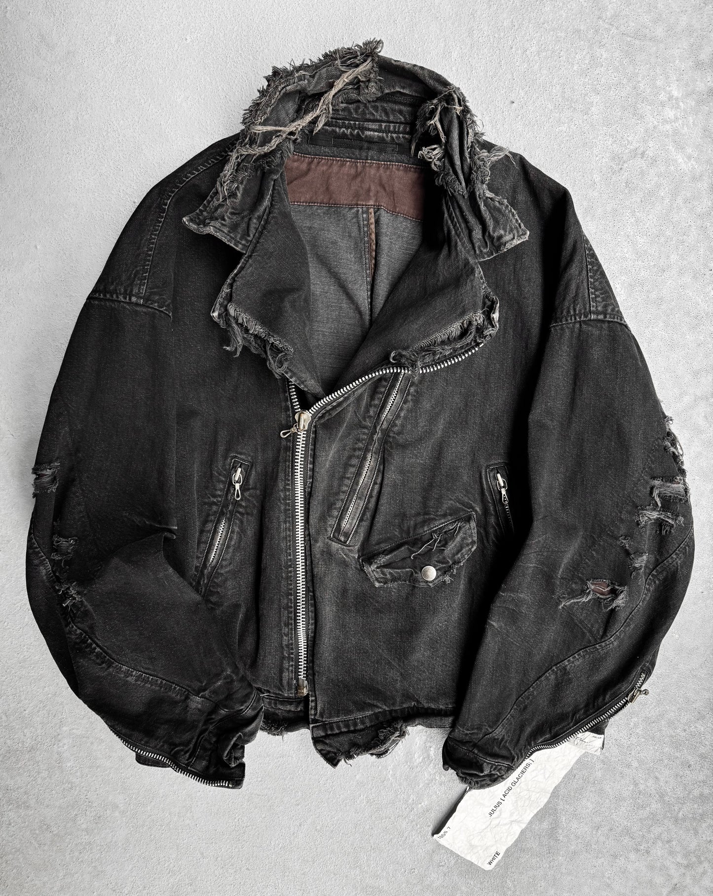 Julius_7 SS18 “Acid Glaciers;” Limited Edition Distressed 12oz Denim Biker Jacket