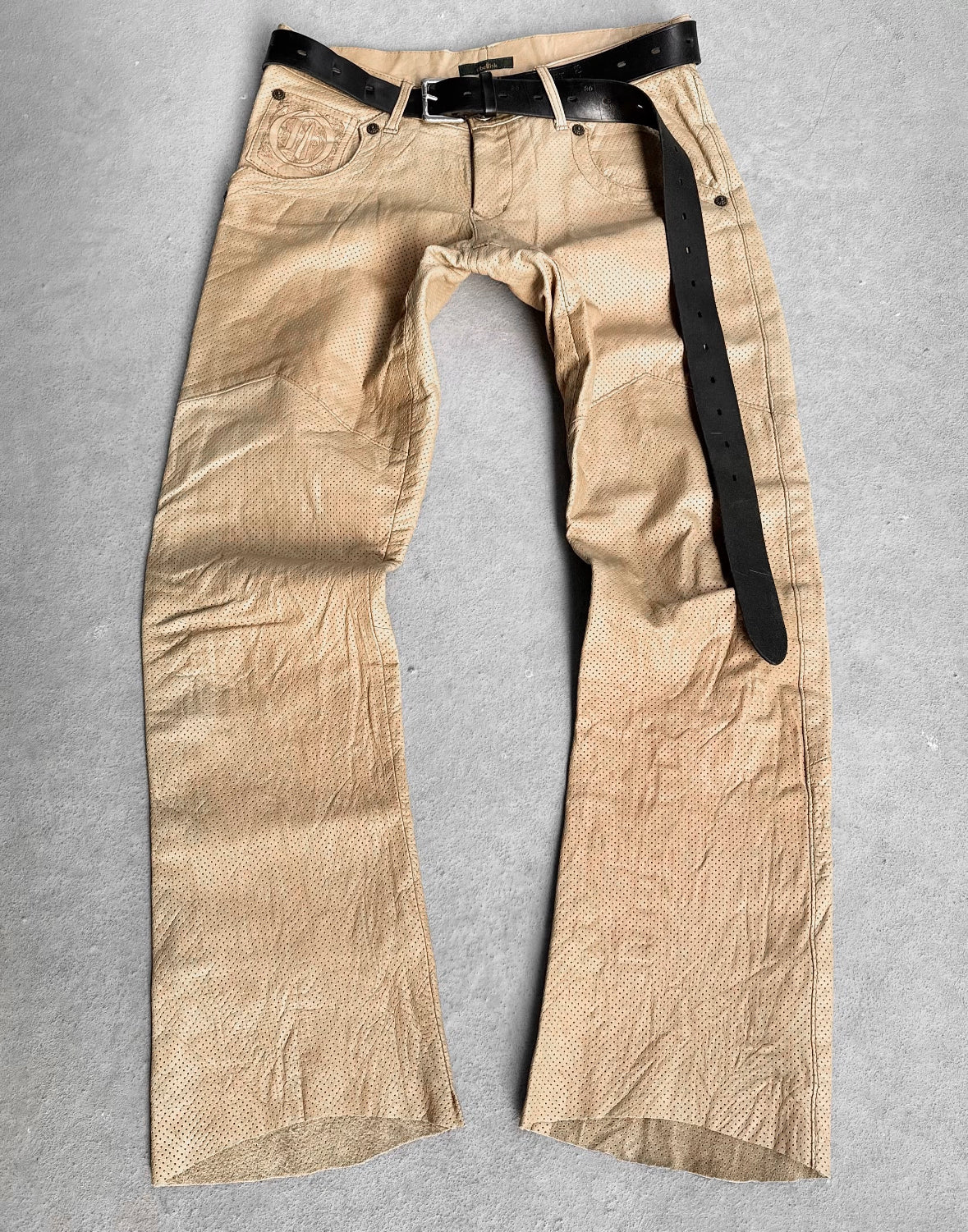 Obelisk Early 00s Perforated Cowhide Leather Bootcut Flare Pants