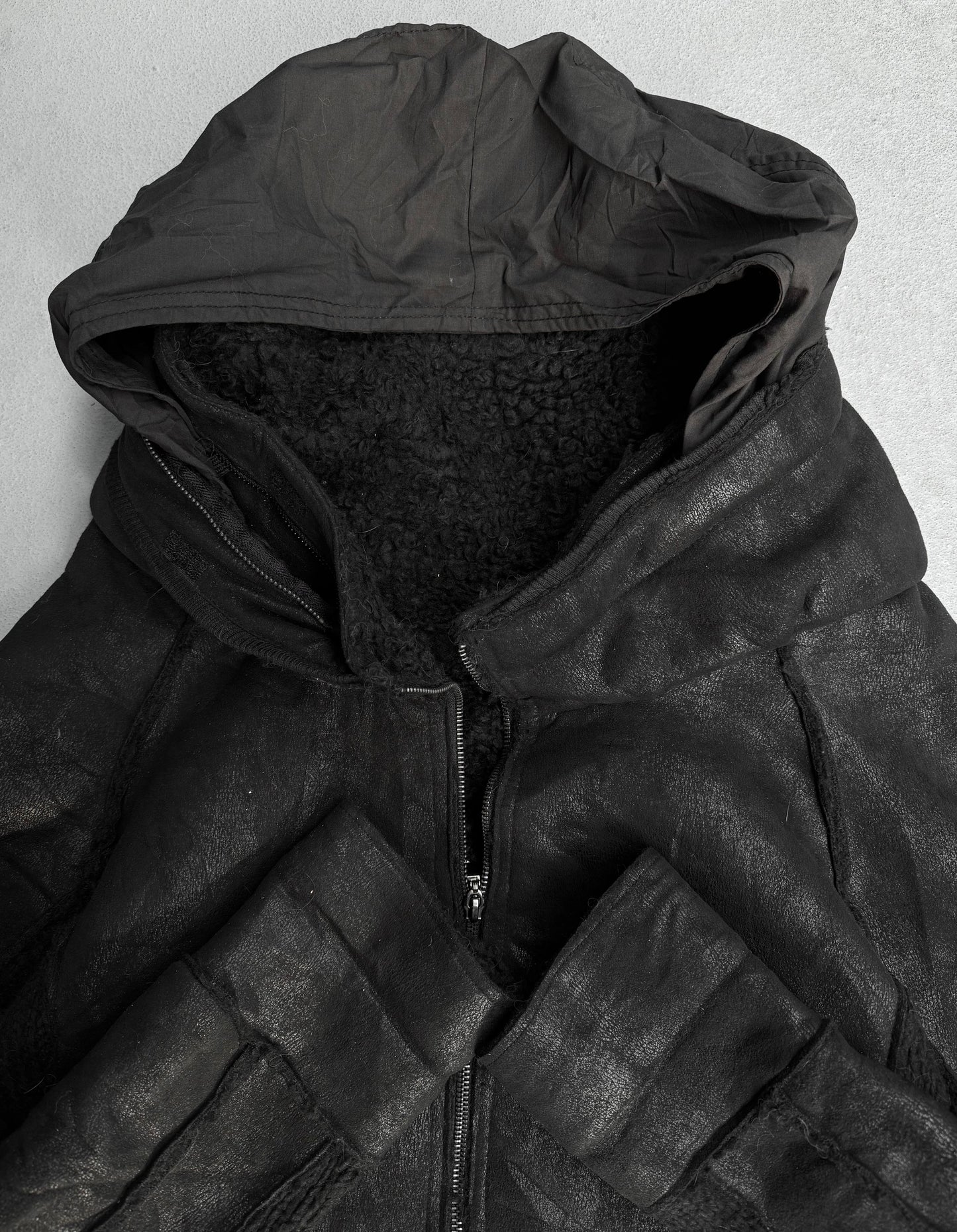 SemanticDesign Early 00s Waxed Gimmick Faux Shearling Jacket