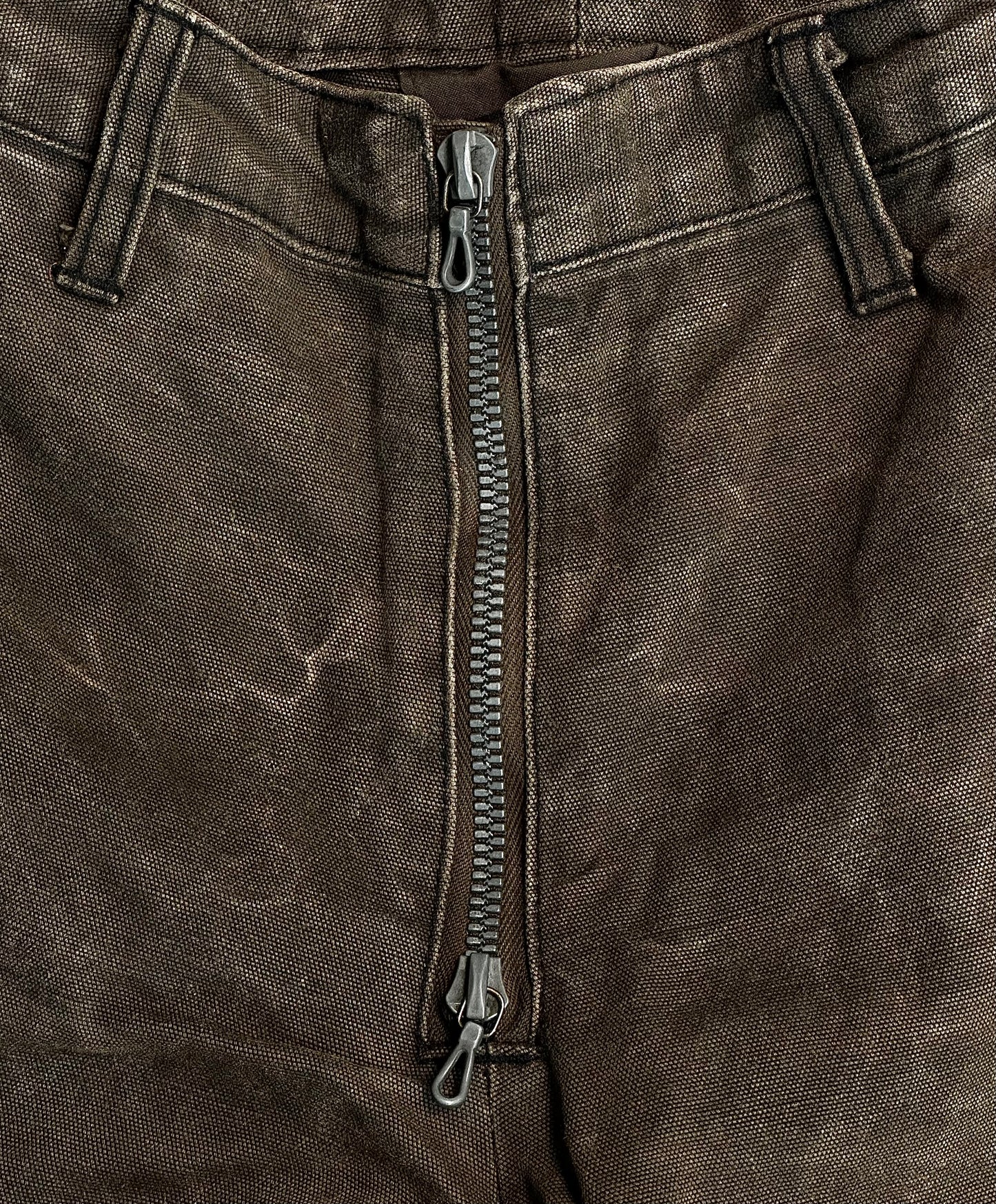RipVanWinkle Early 00s ‘Front-zip’ Distressed Wax Bootcut Denim
