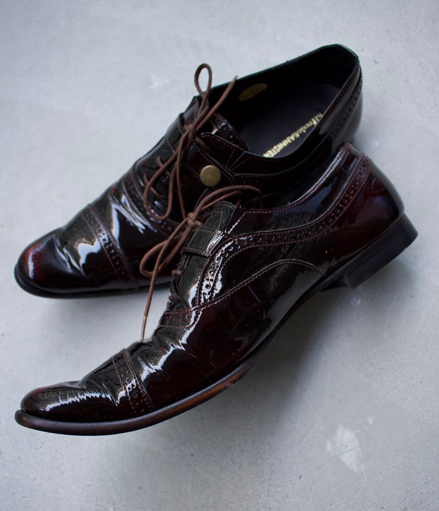 alfredoBANNISTER Early 00s Patent Leather Pointy Toe Derbies