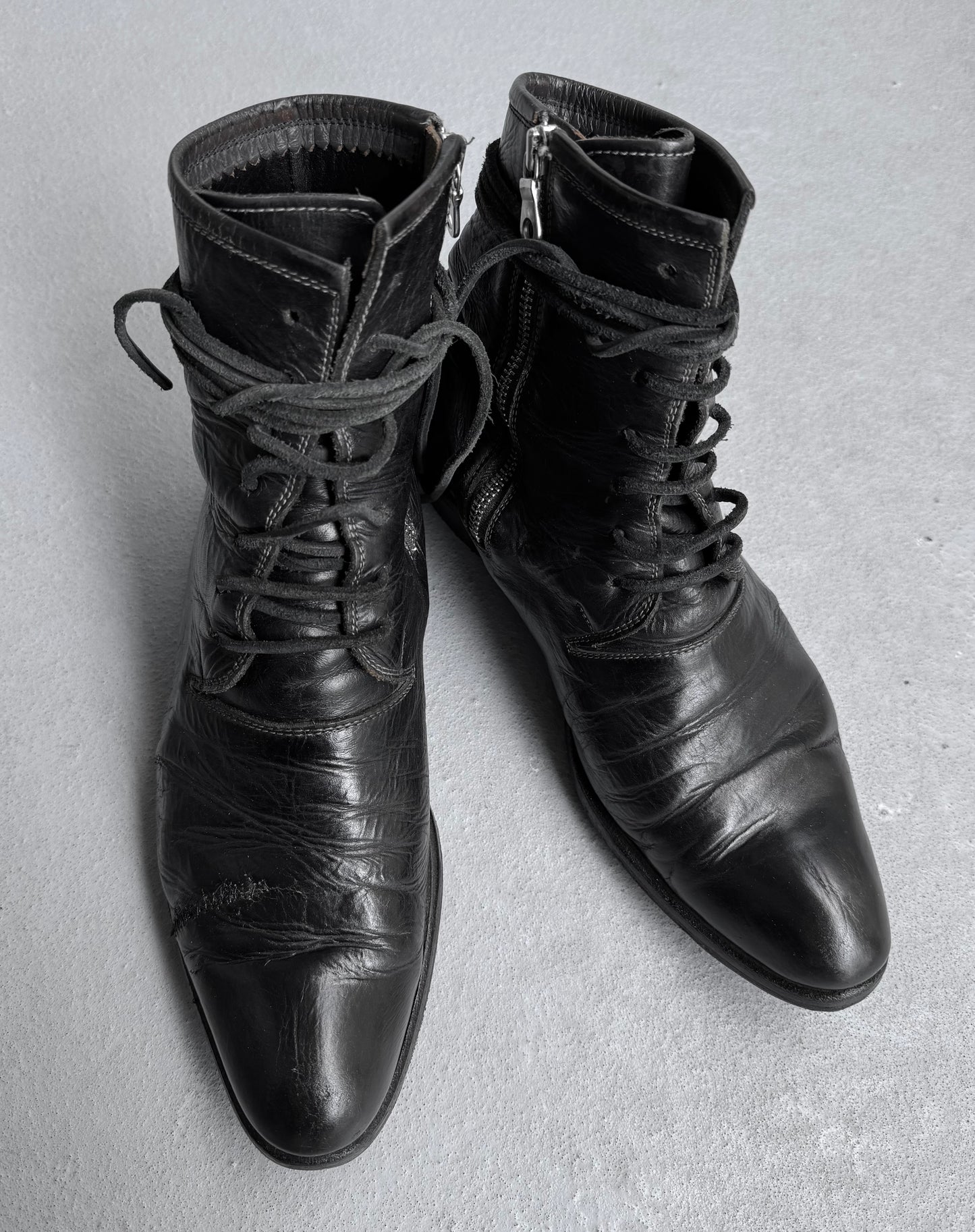 MiharaYasuhiro AW07 Garment-dyed Leather Pointed Toe Military Lace-up Boots