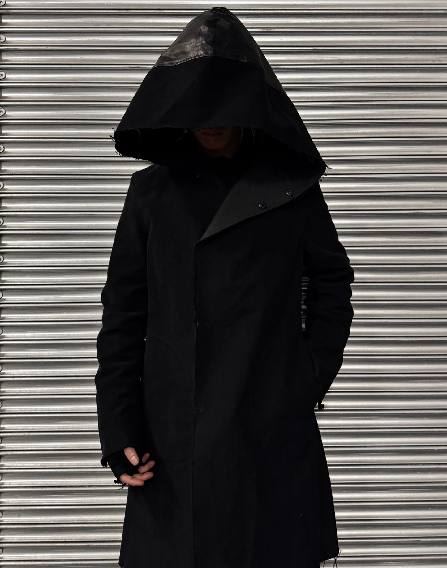 Isamu Katayama “BACKLASH” AW13 Black Lambskin Hooded Moleskin Coat