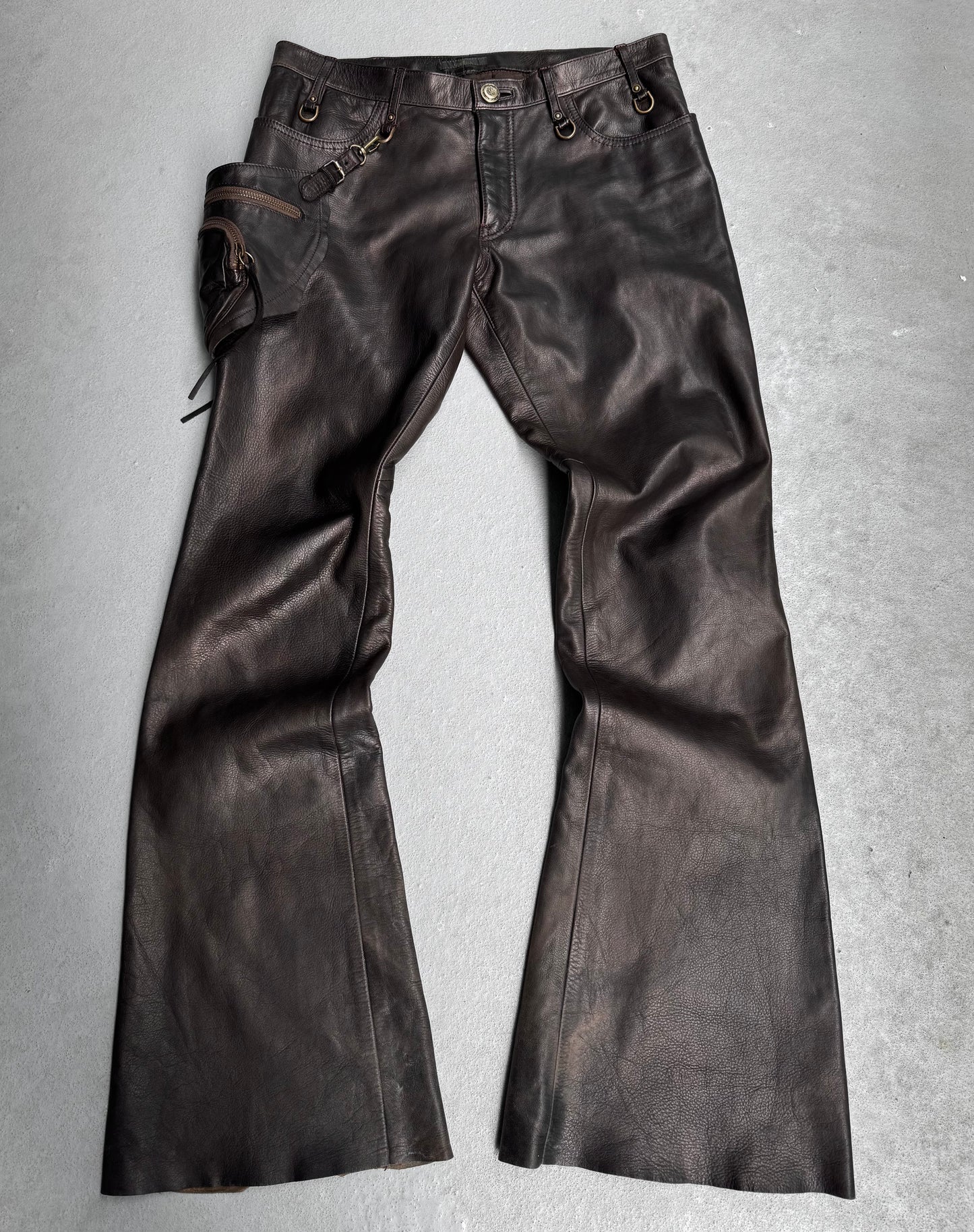 Obelisk Early 00s Brown Garment-dyed Cow Leather Flare Holster Pants