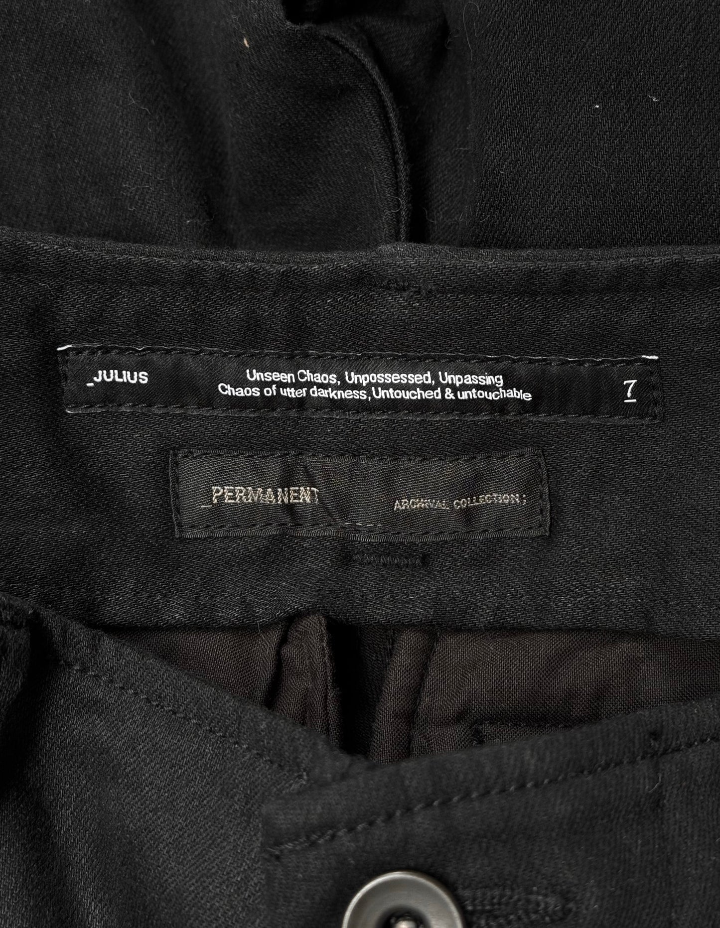 Julius_7 AW21-22 “Resilience;” 10.5 oz Stretch Denim Shapeshifting Gas-Mask Cargo Pants