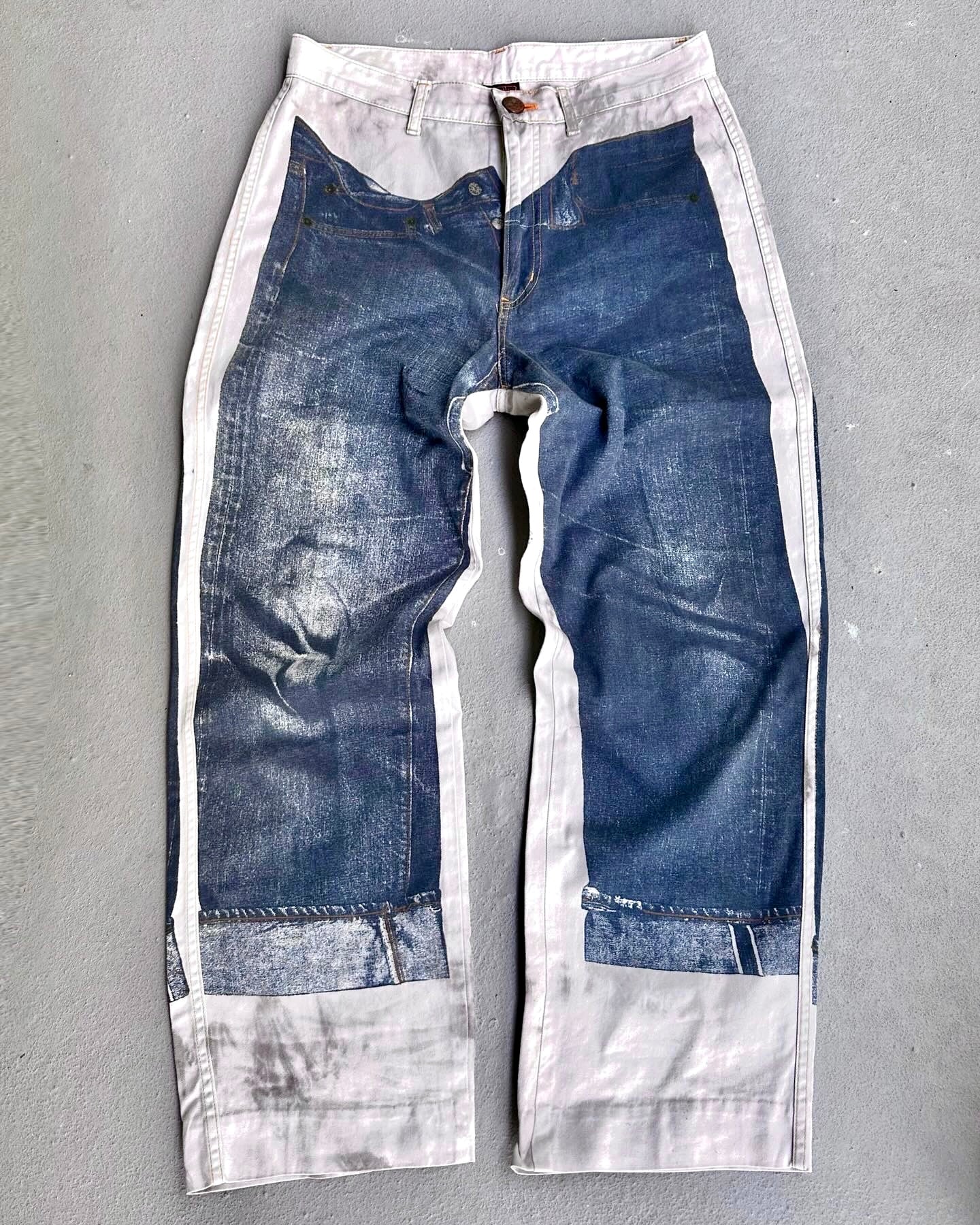 Jean-Paul GAULTIER SS97 “Trompe-l’œil” Optical Illusion Denim Overprinted Pants