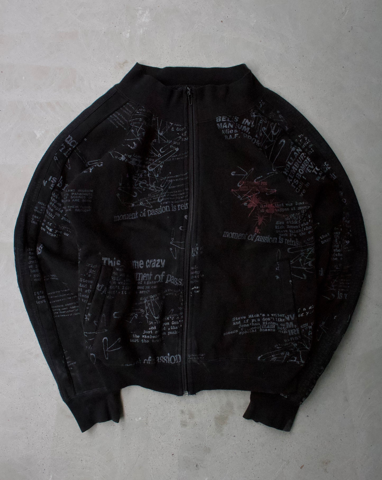 h.NAOTO h.ARNACHY Early 00s Punk Typewrite Graphic Zip-Up Track Jacket