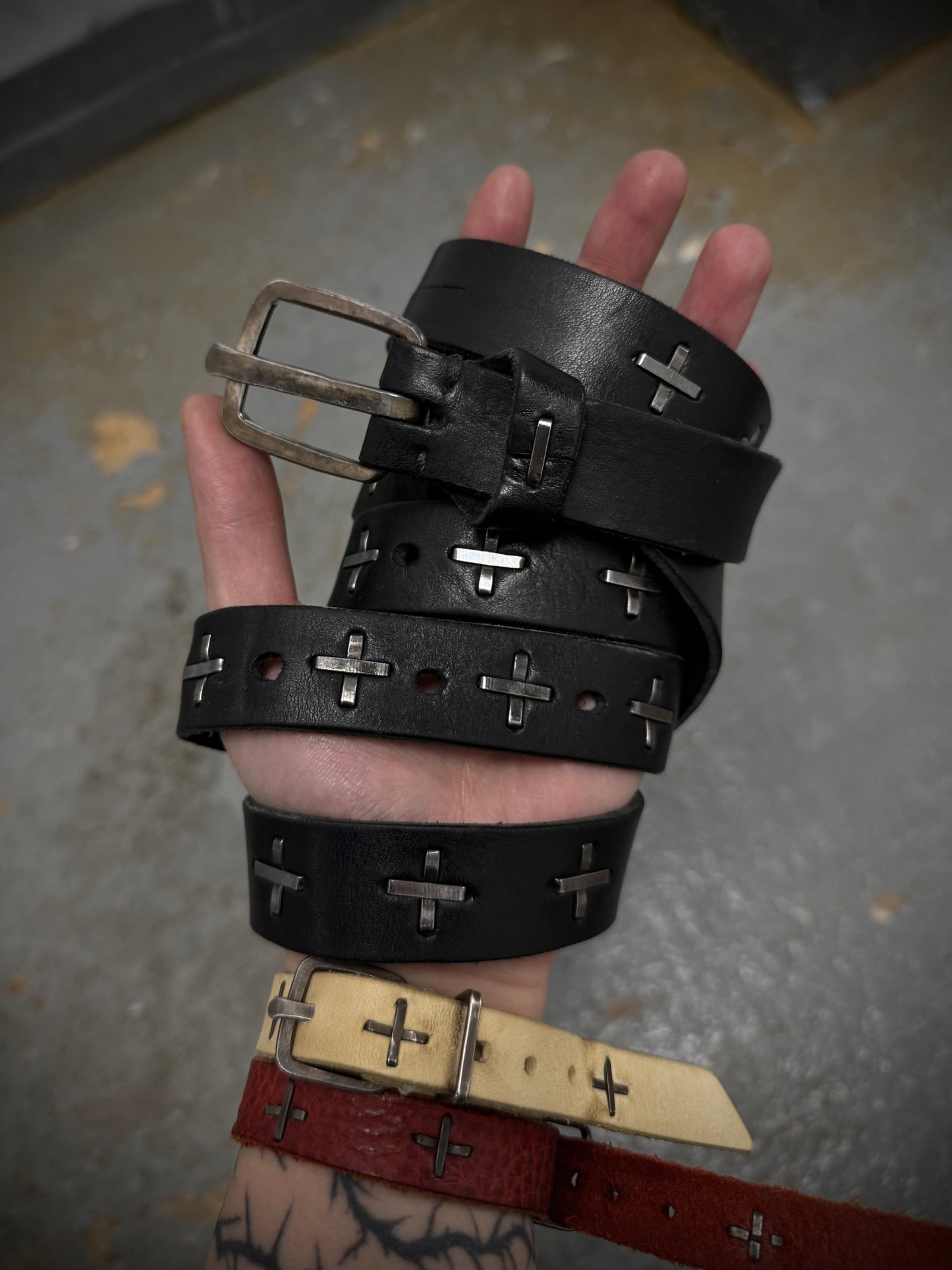 m.a+ by Maurizio Amadei 'EQ2C' GR 3.0 .925 Silver Cross Studded Cow Leather Belt detail | DRIEW GARMENTS