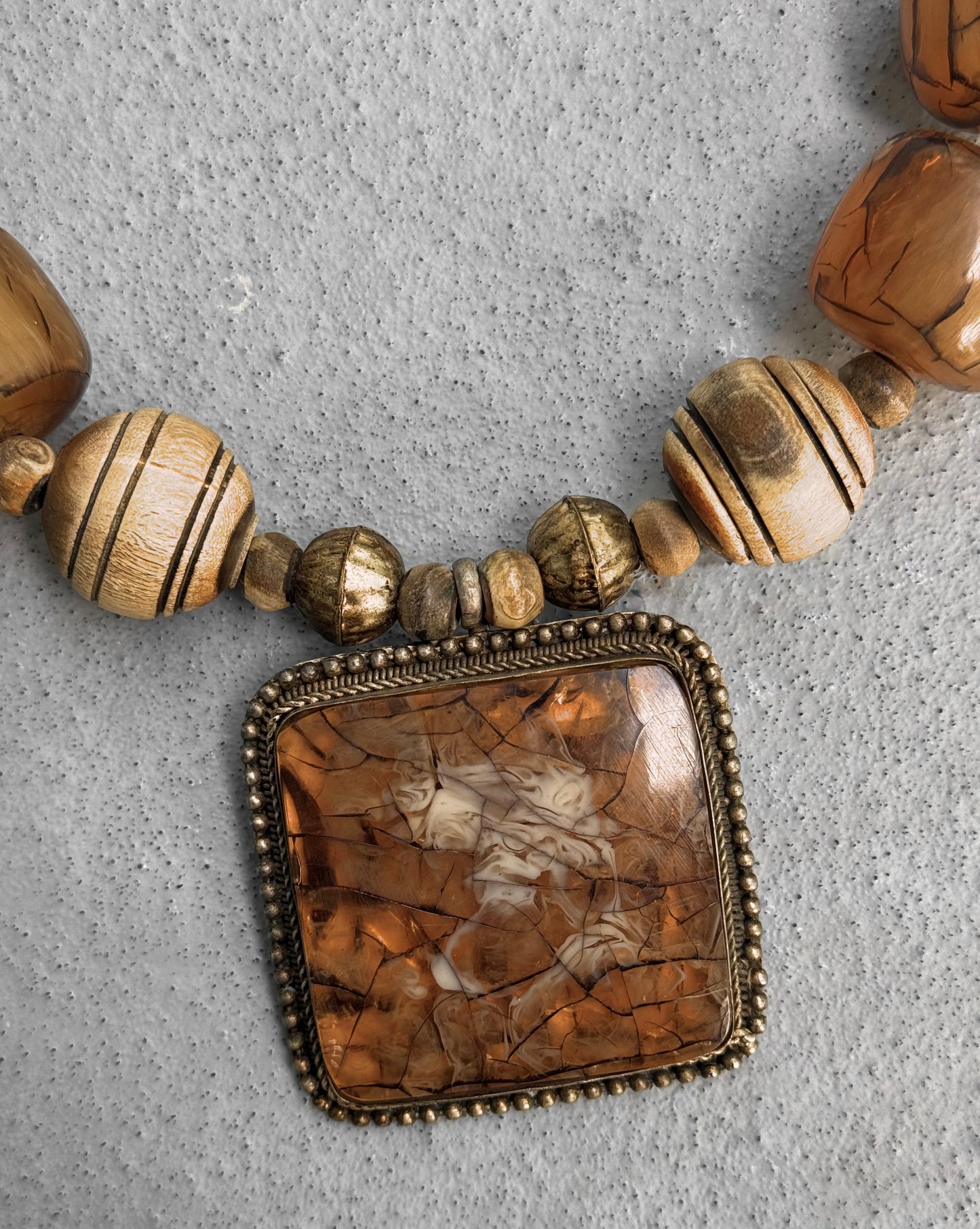 G.O.A Early 00s Wooden Hand-beaded Gem Stones Tribal Necklace