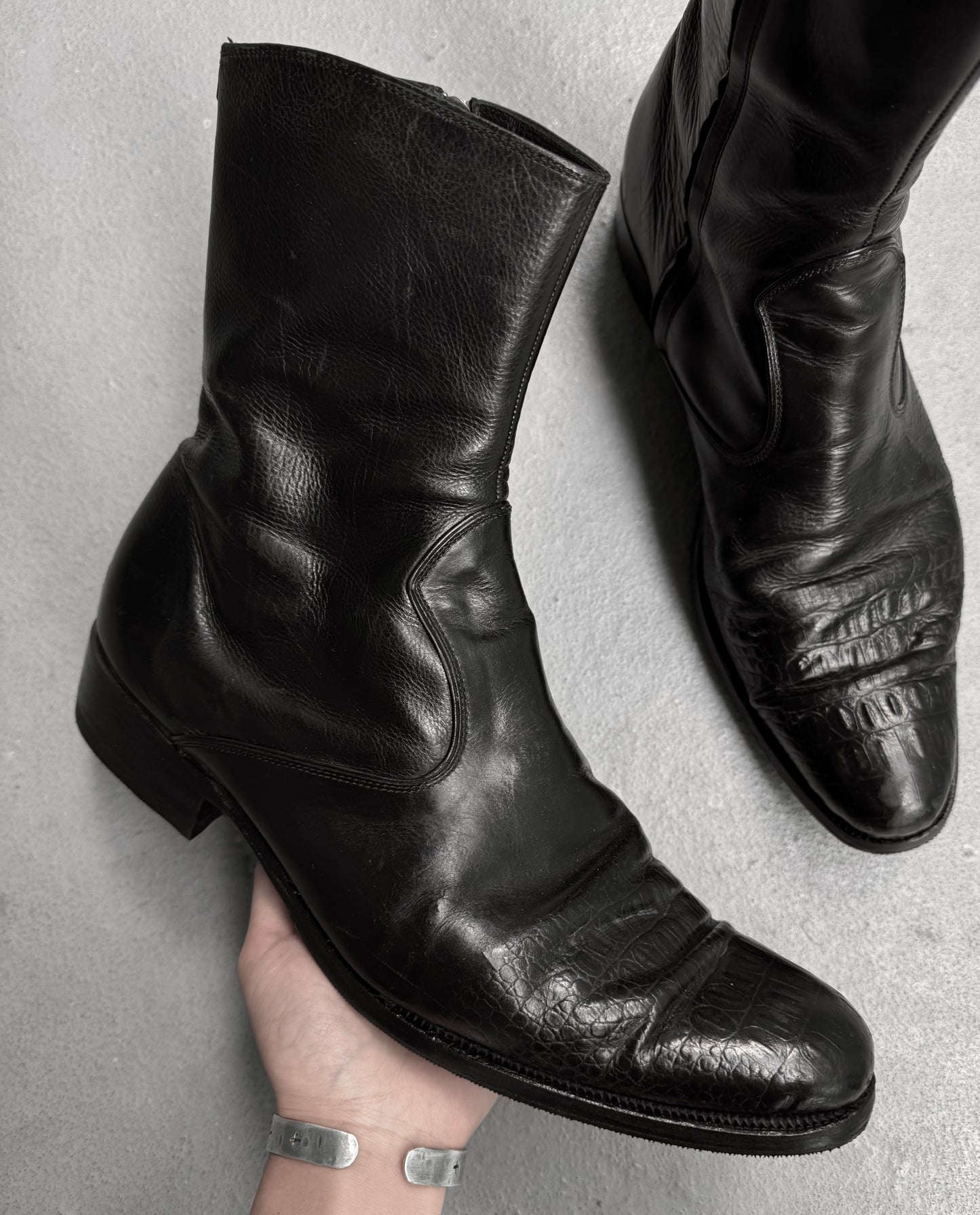 MiharaYasuhiro Early 00s Crocodile Embossed Leather Pointy Toe Zip Boots
