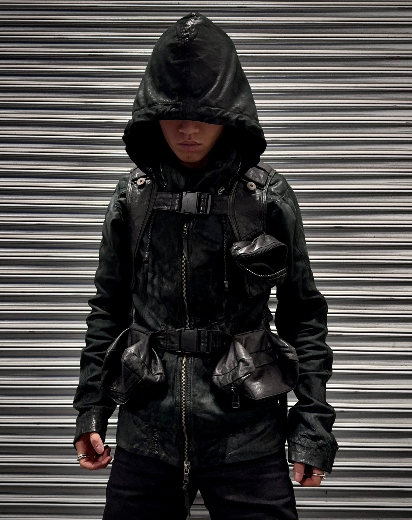 14thAddiction Early 00s Sheepskin Suede Leather Bono Hooded Jacket