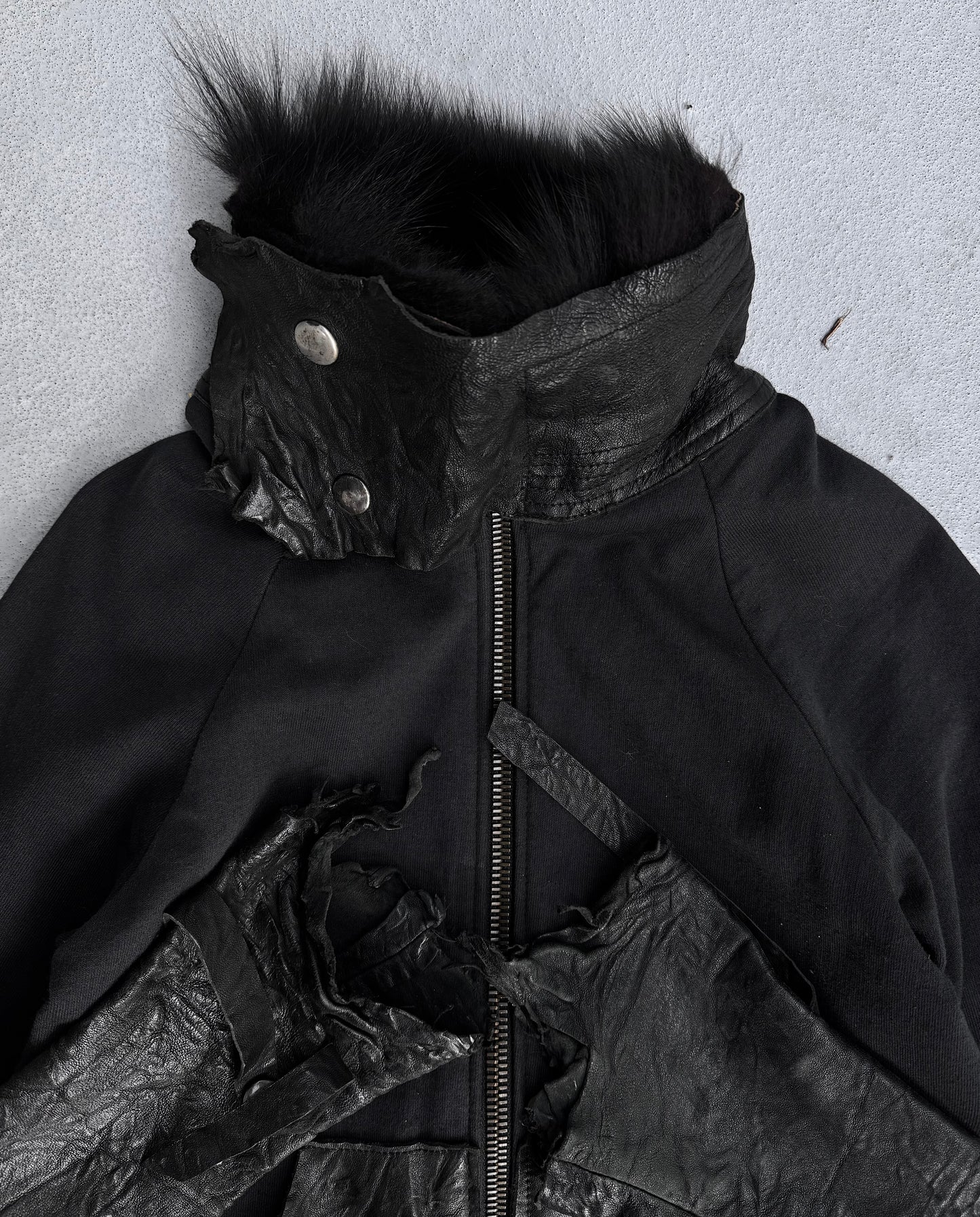 Michel Berandi AW06 Fox Fur Trimmed Lambskin Leather Navy Hybrid Zip-up Hoodie