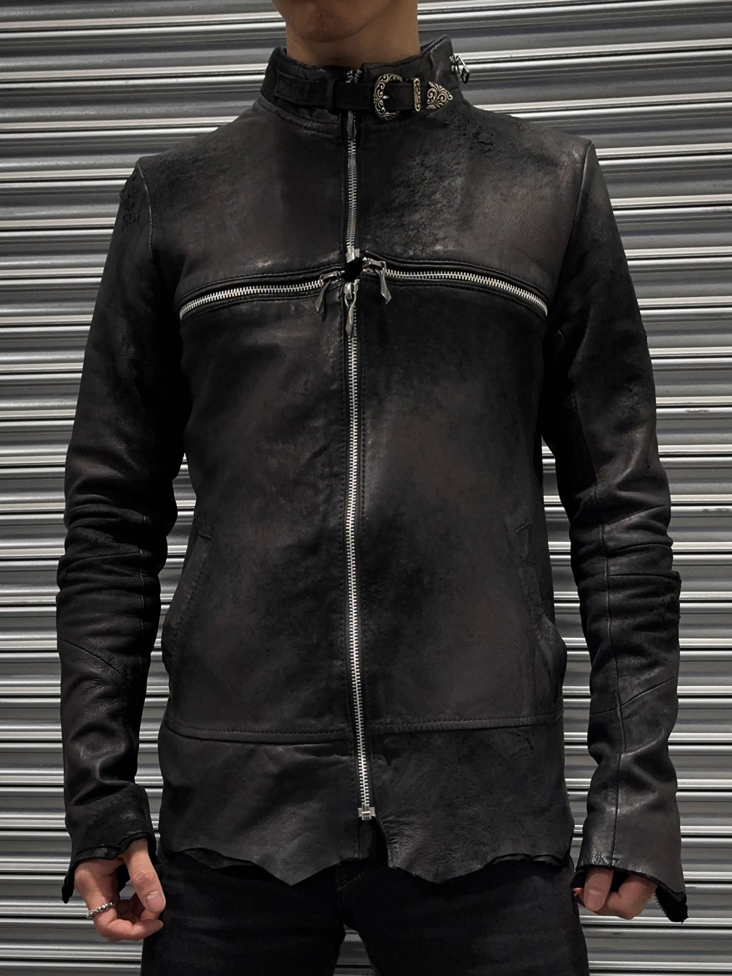 14thAddiction AW17 Distressed Sheepskin Leather Cross-zip Jacket