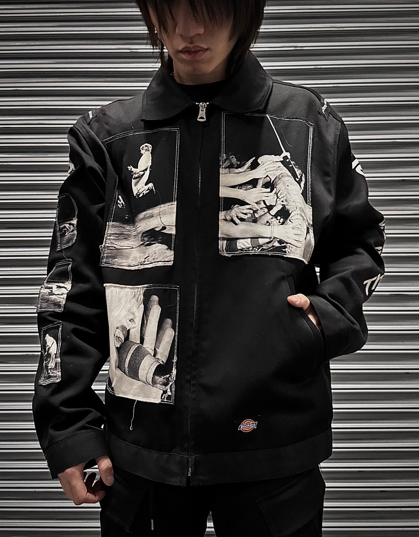 Model wearing Takahiromiyashita TheSoloist Dickies SS19 Nirvana Kurt Cobain Courtney Love photo Jacket