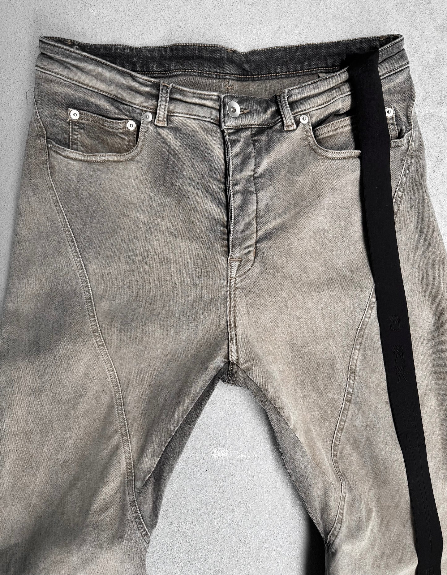 Rick Owens DRKSHDW AW23 “LUXOR” Mineral Wash ‘Bias’ Spiral Flare Bootcut Denim