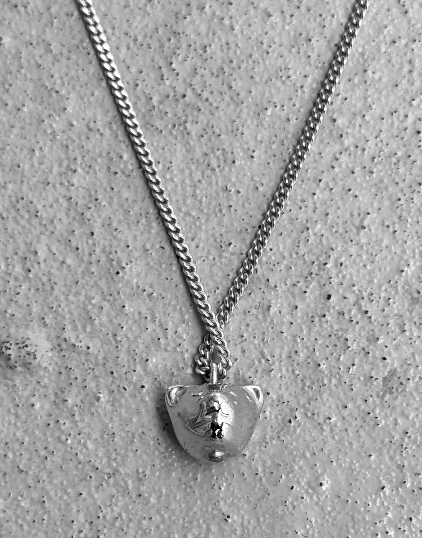On a textured, light surface, a DIOR HOMME silver necklace with a chain and bear-shaped pendant exudes Hedi Slimanes style. The subtle engravings enhance its design, echoing the signature craftsmanship of Dior Homme.