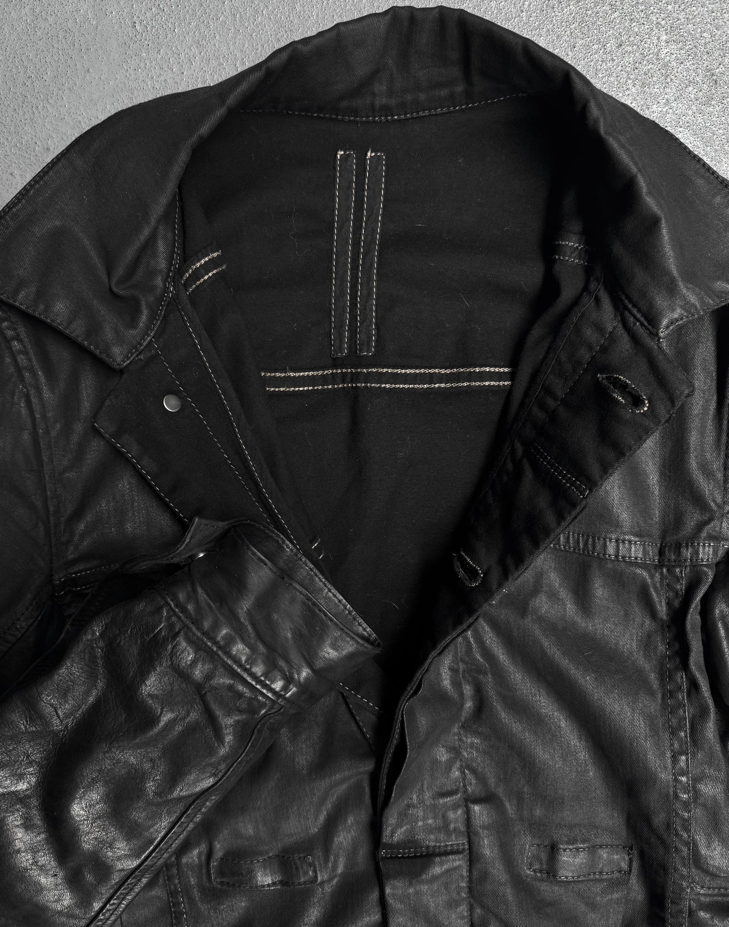 Rick Owens DRKSHDW SS12 “NASKA” Leather Sleeve Waxed Worker Jacket