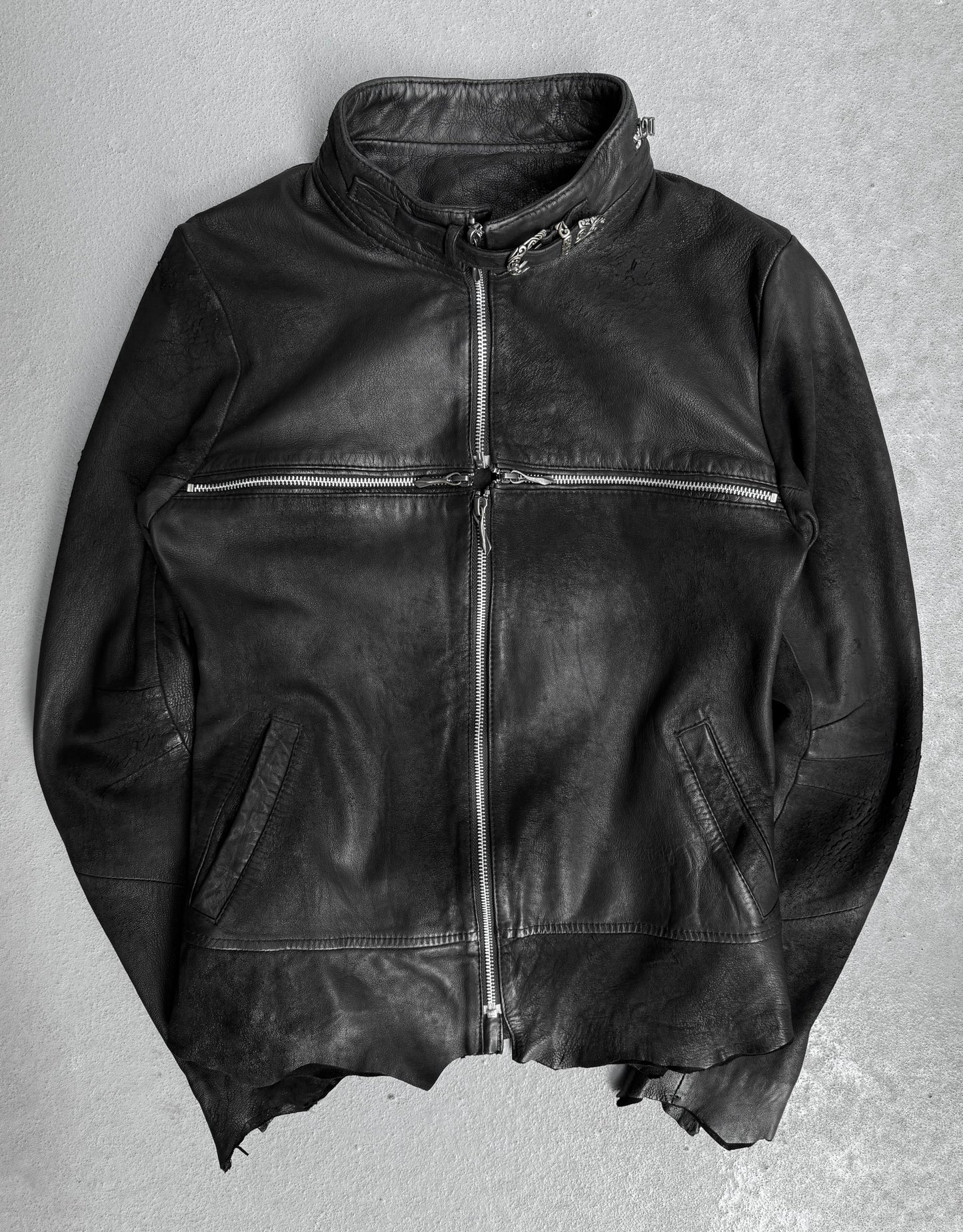 14thAddiction AW17 Distressed Sheepskin Leather Cross-zip Jacket