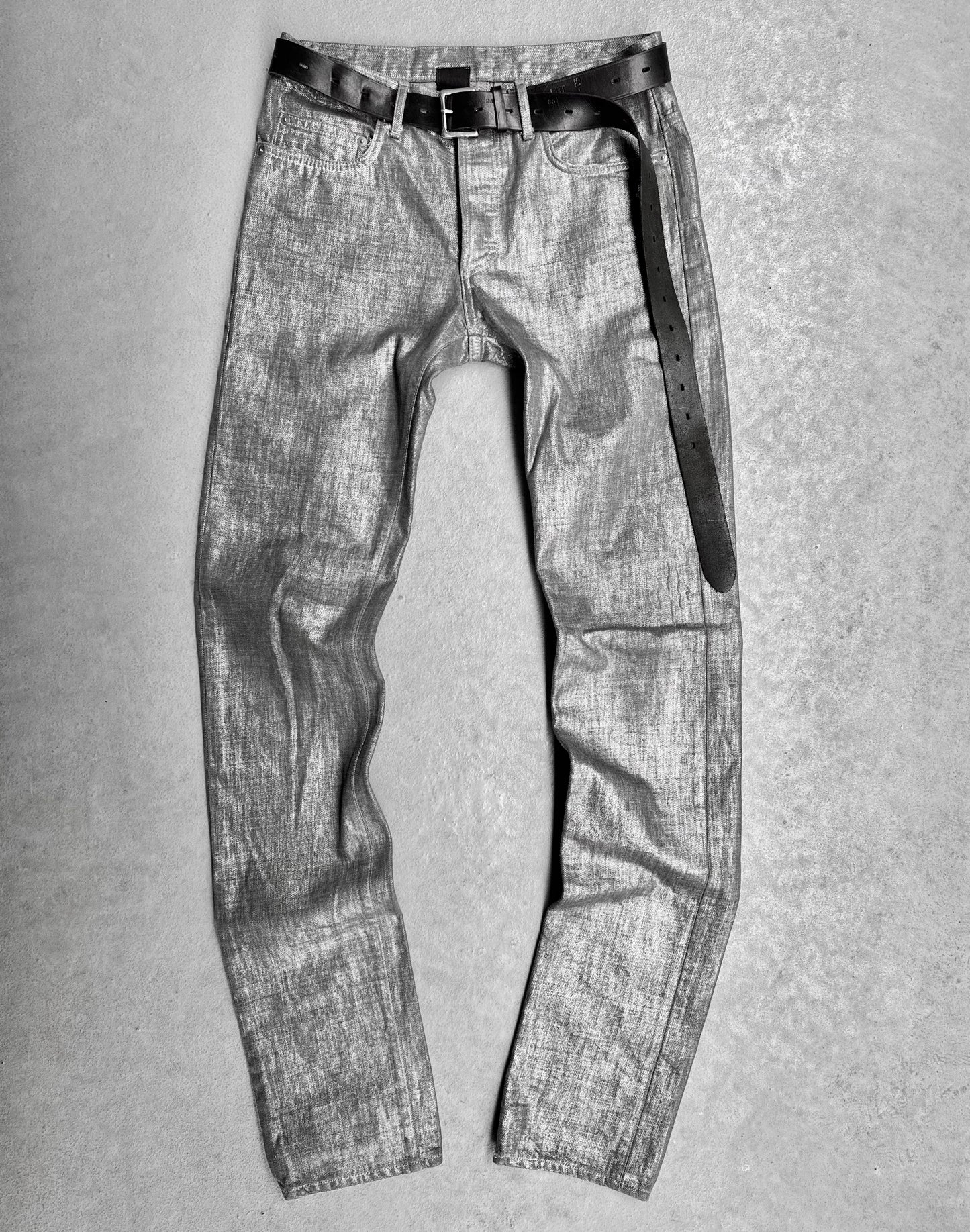 DIOR HOMME AW06 “These Grey Days” Silver Accent Waxed Claw-mark Skinny Denim