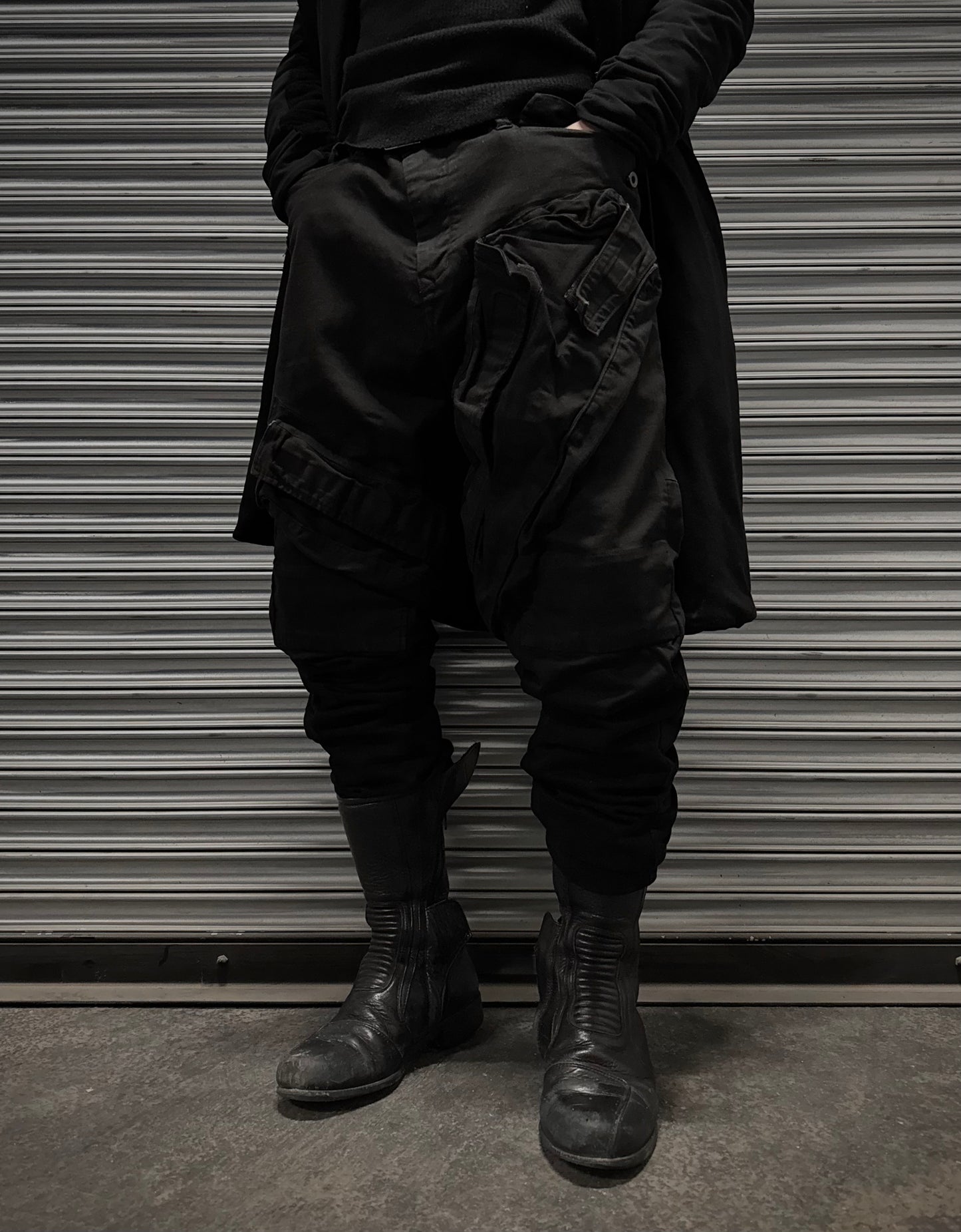 Julius_7 SS17 “Knives;” Gas Mask Skinny-fit Denim Cargos