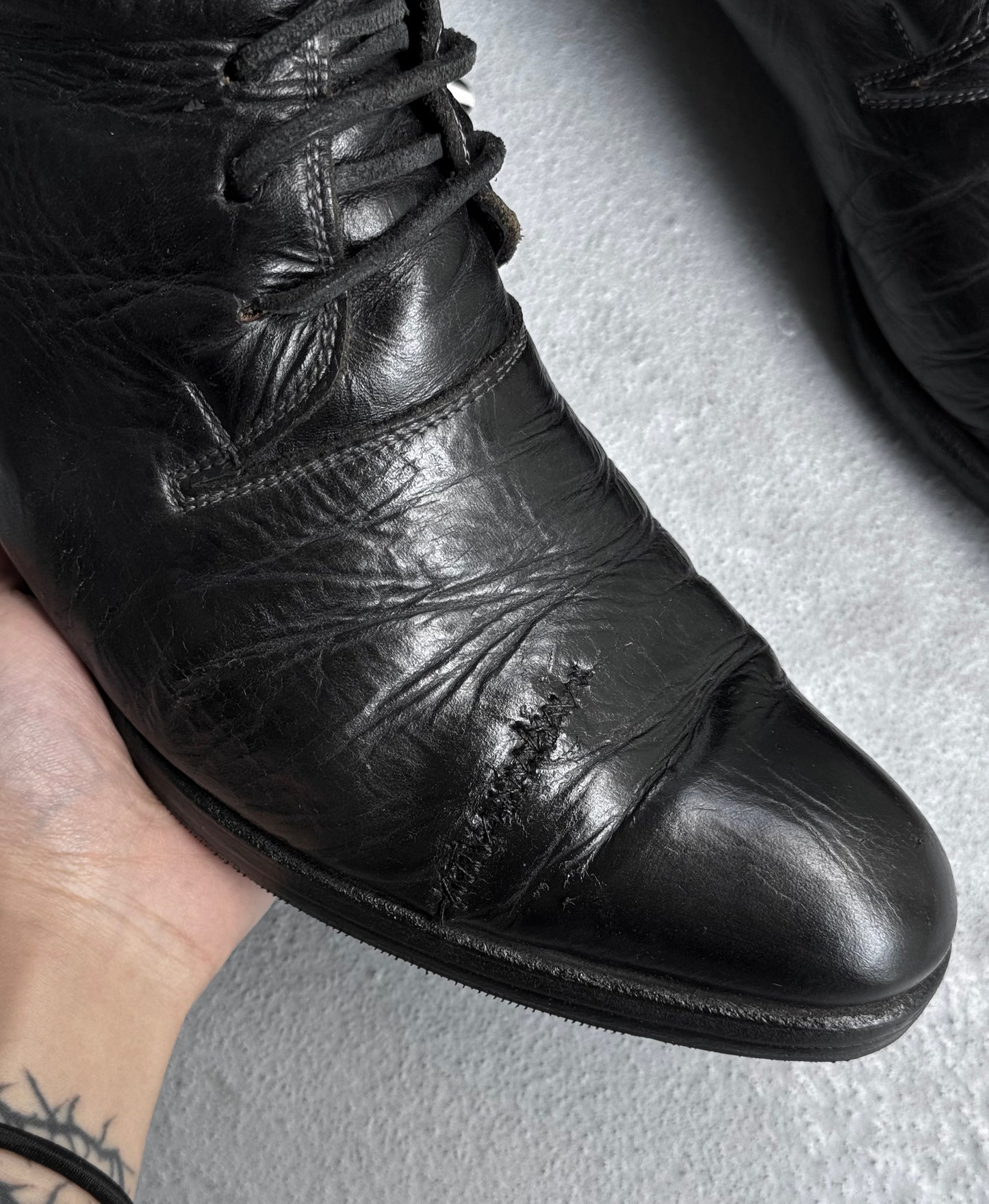 MiharaYasuhiro AW07 Garment-dyed Leather Pointed Toe Military Lace-up Boots