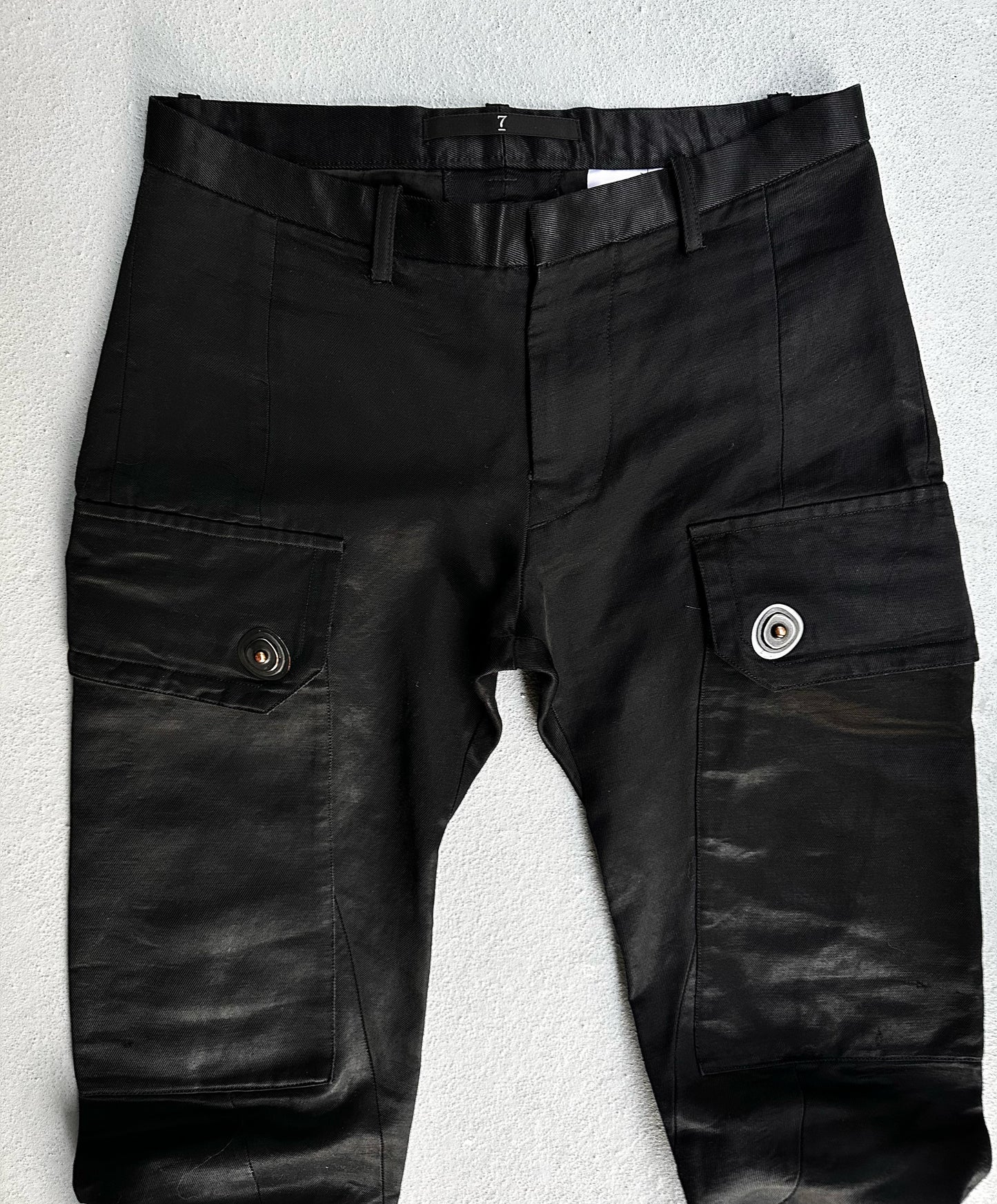 Julius_7 AW08 “Insanity In Industrial Inc. #2” Gas Mask Cargo Spiral Flare Pants