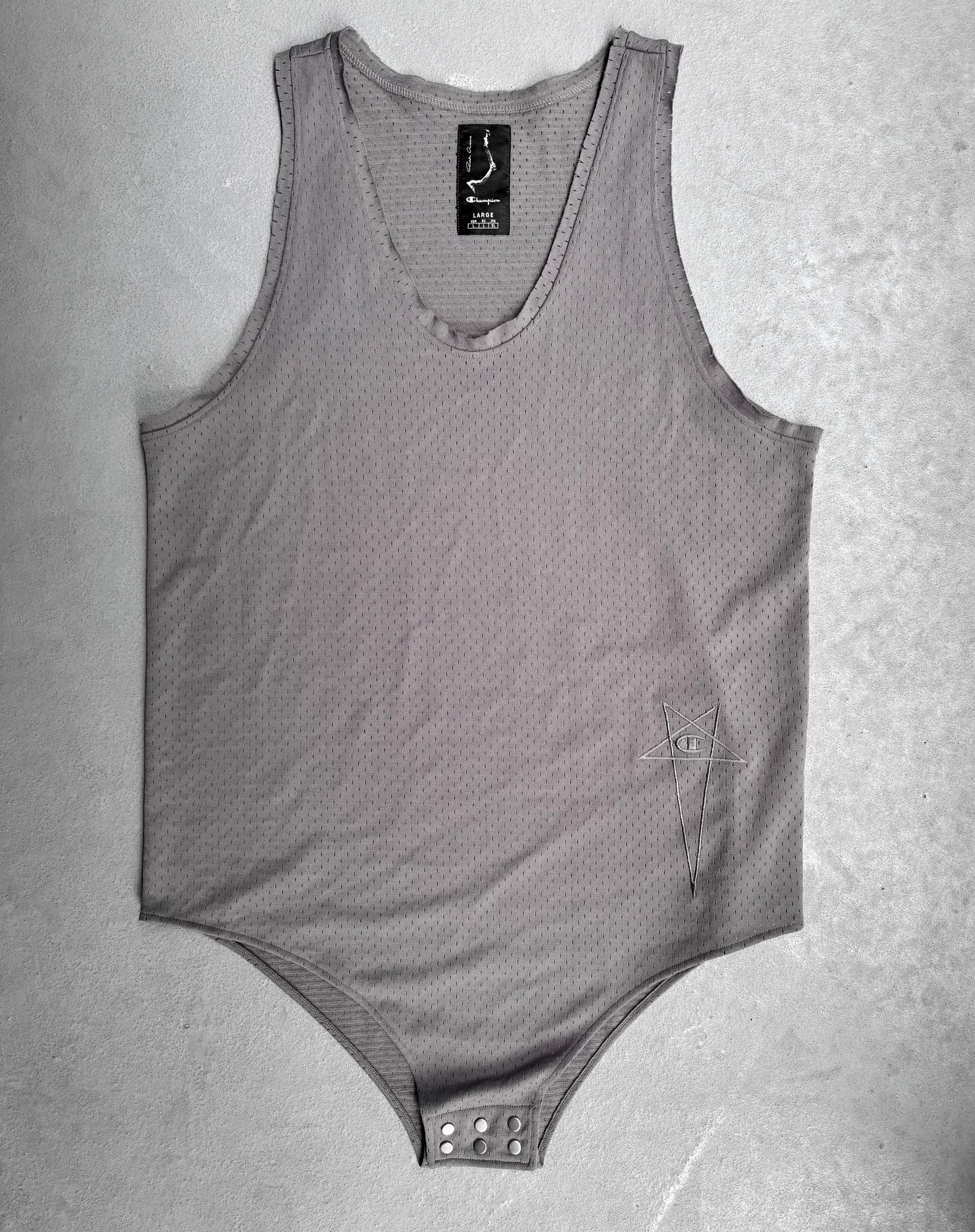 Rick Owens x CHAMPION SS21 “PHLEGETHON” Grey Bodysuit Snap Mesh Tank-top