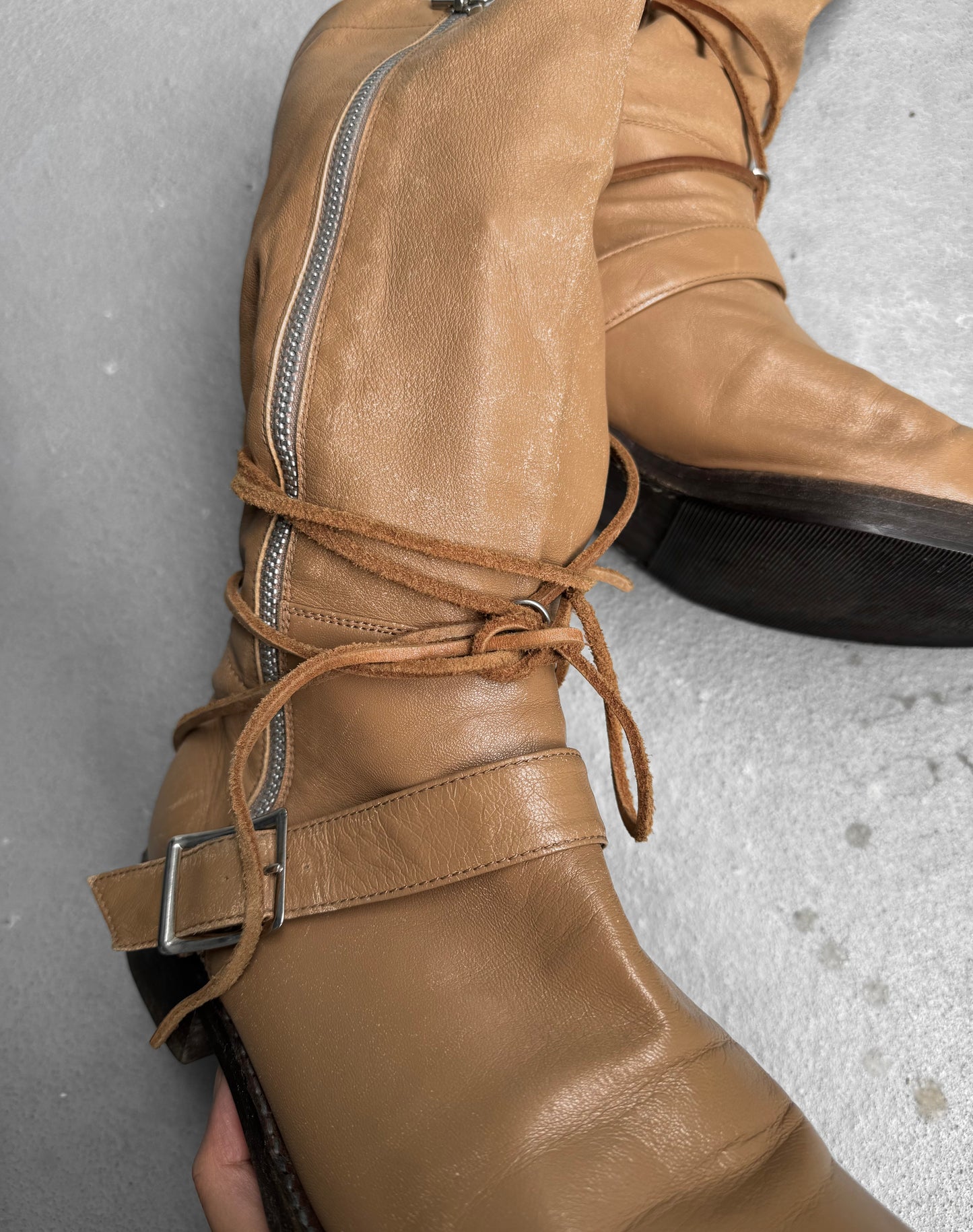 UNDERCOVER AW05 “Arts & Crafts” Beige Lambskin Leather Drawstring Pirate Boots