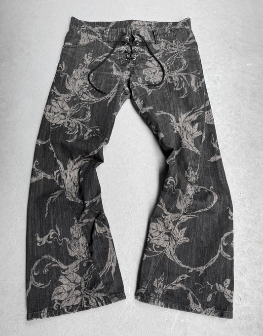 Tornado Mart Early 00s Floral Lace-up Flare Denim