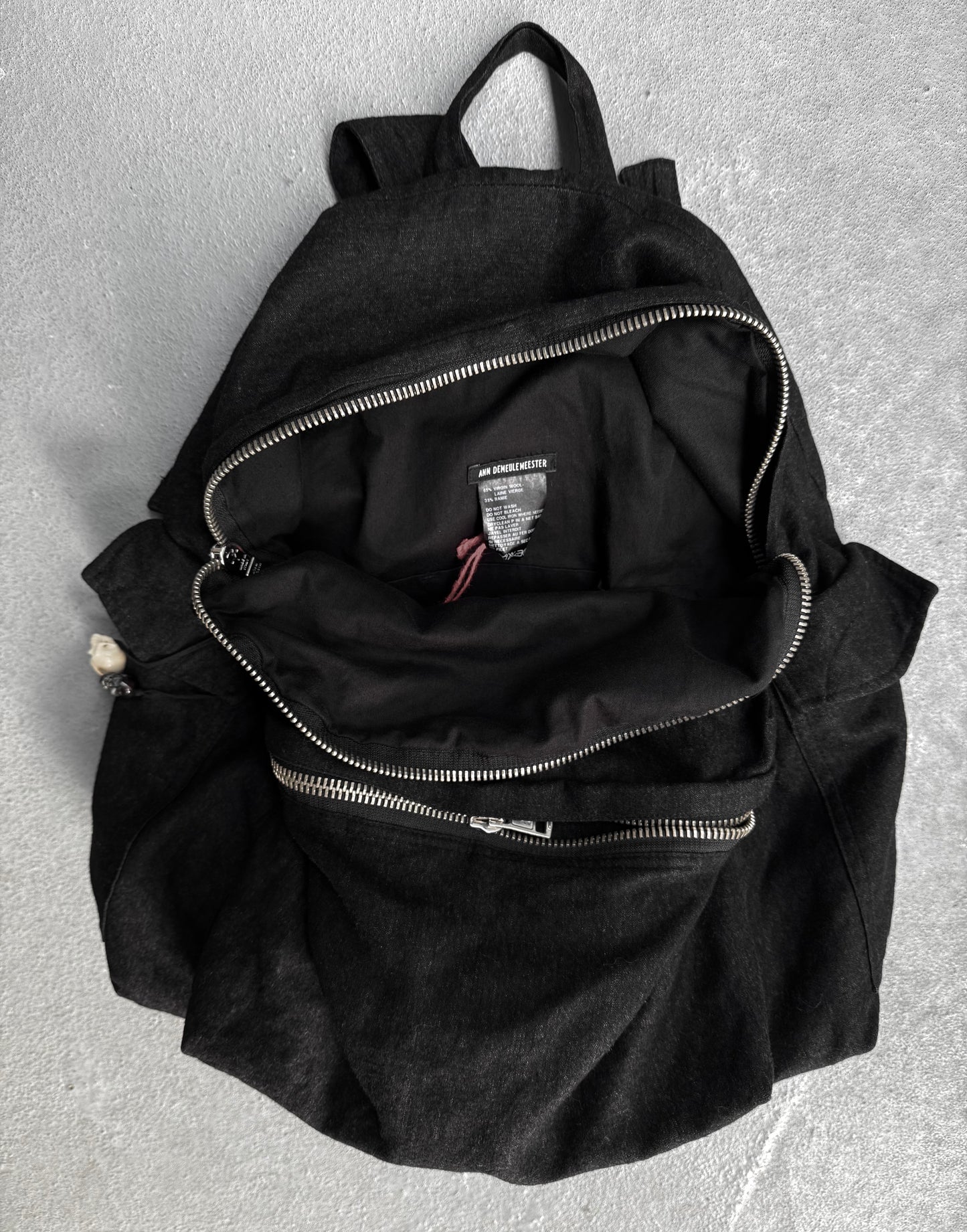 Ann Demeulemeester 2010s Skull Charm Wool Ramie Backpack