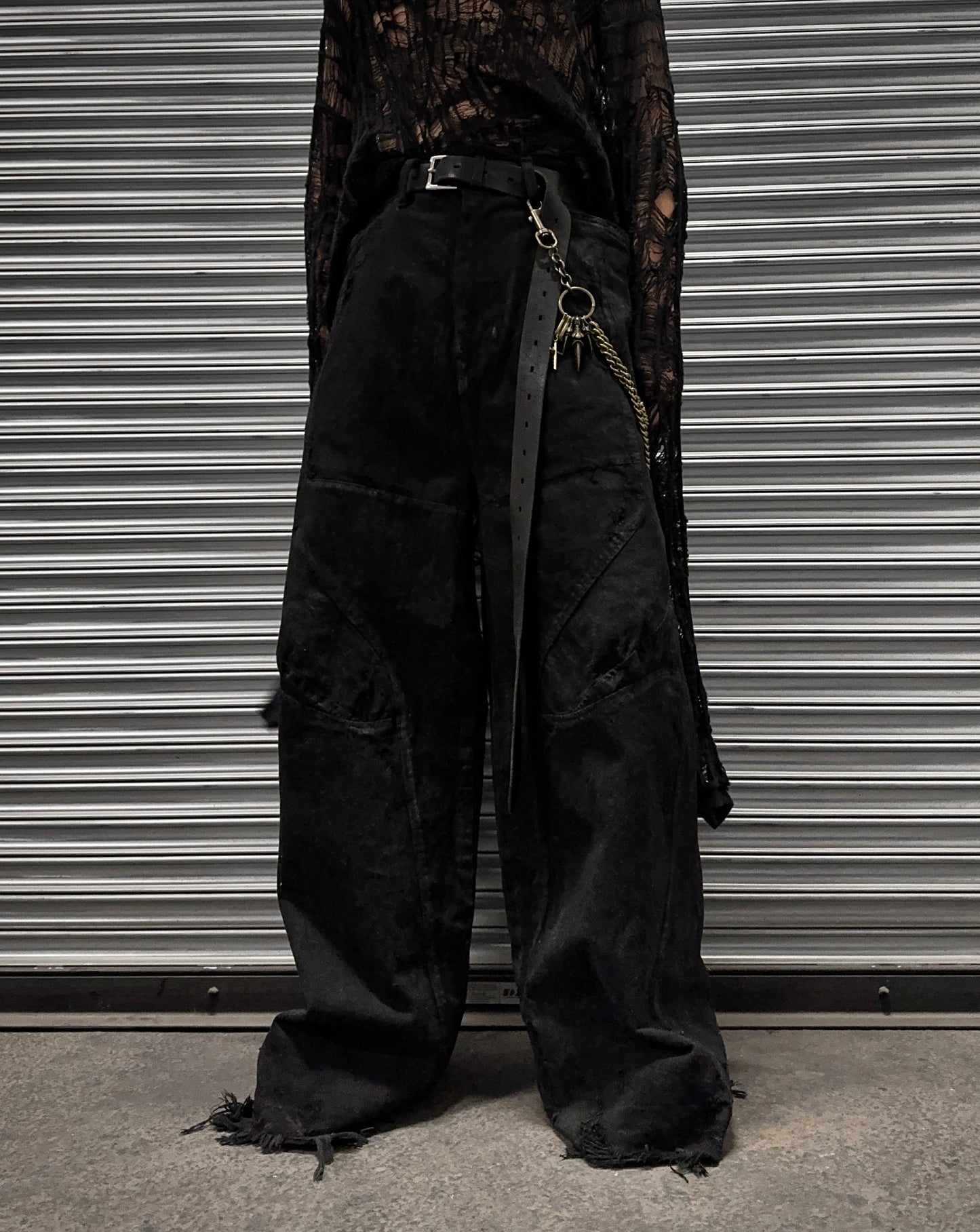 Julius_7 AW24-25 “rift;” Distressed Waxed 10oz Wide-Leg Denim