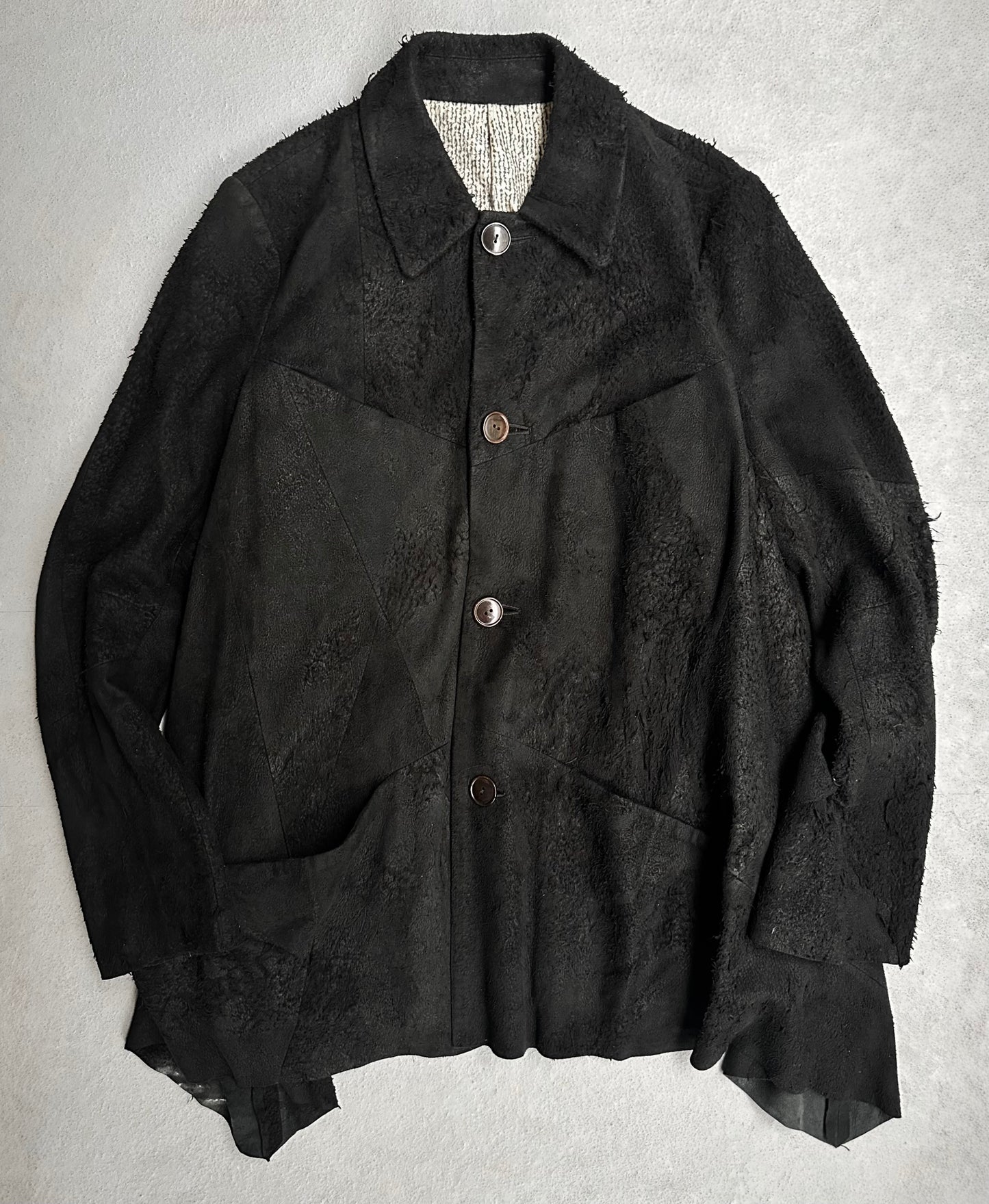 Number (N)ine AW07 “Love, God, Murder” Distressed Sheepskin Leather Patchwork Jacket