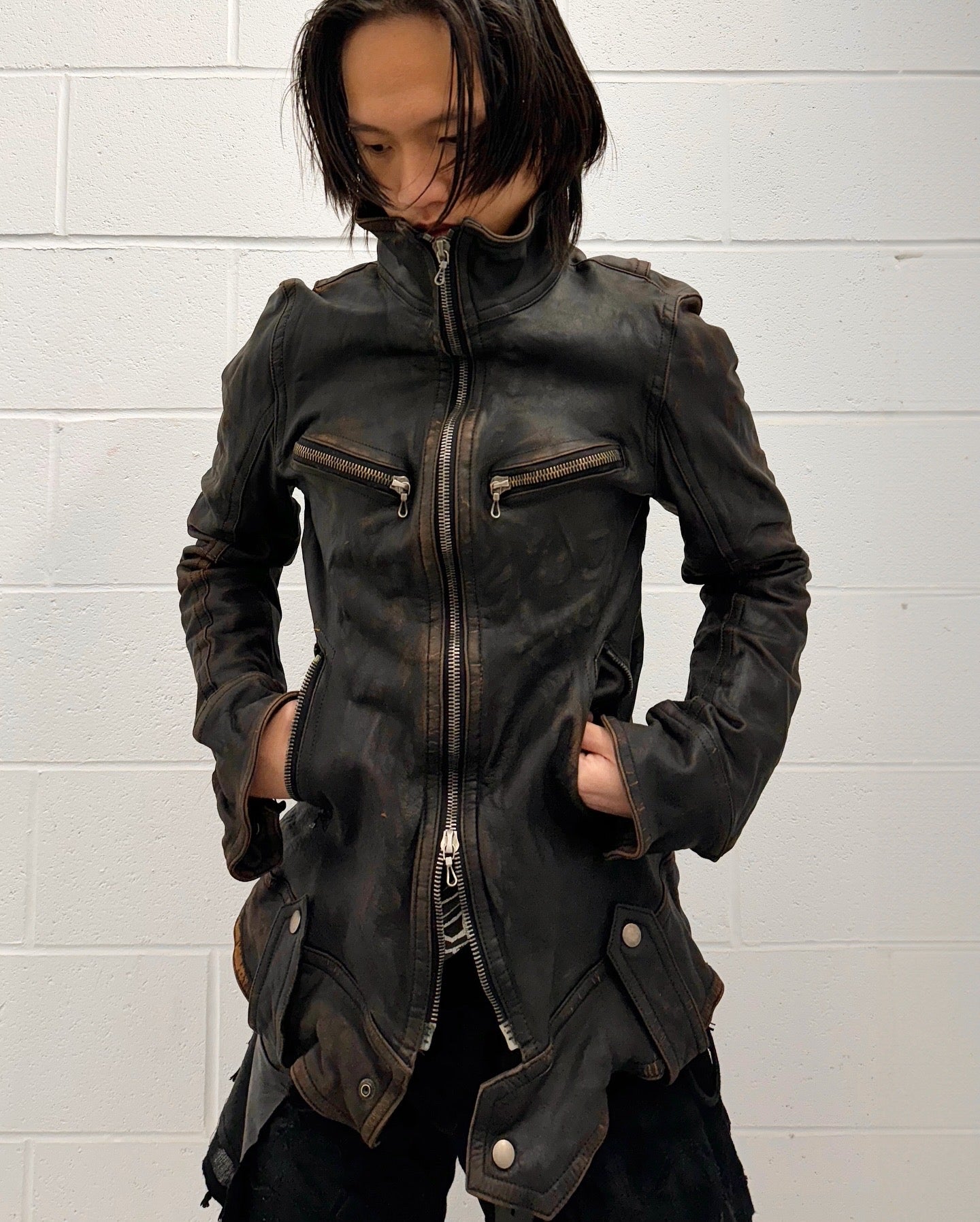 SHELLAC Early 00s Distressed Cowhide Single Rider Jacket